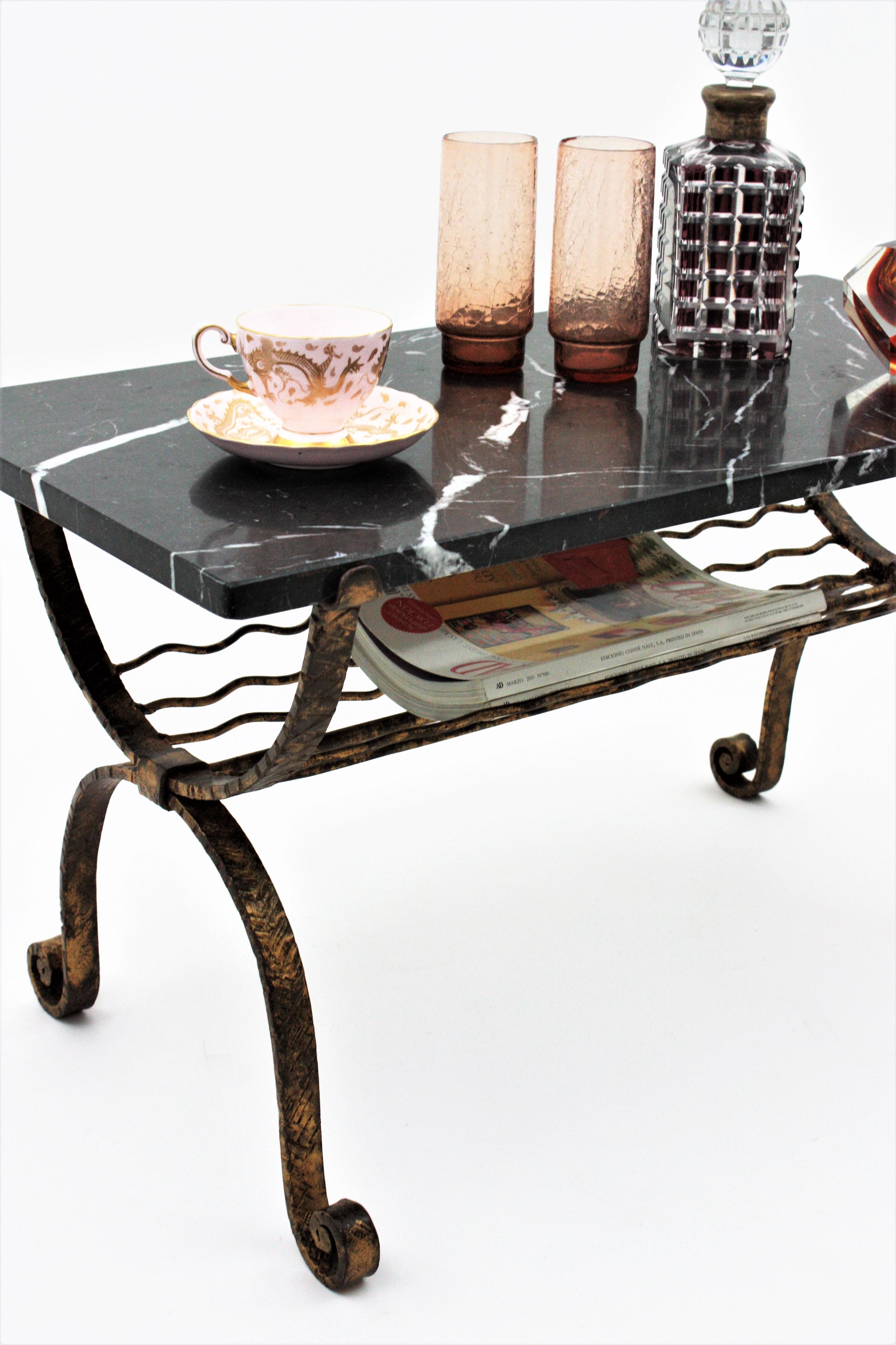 Poillerat Style French Gilt Iron and Marble Table with Magazine Stand, 1940s For Sale 8
