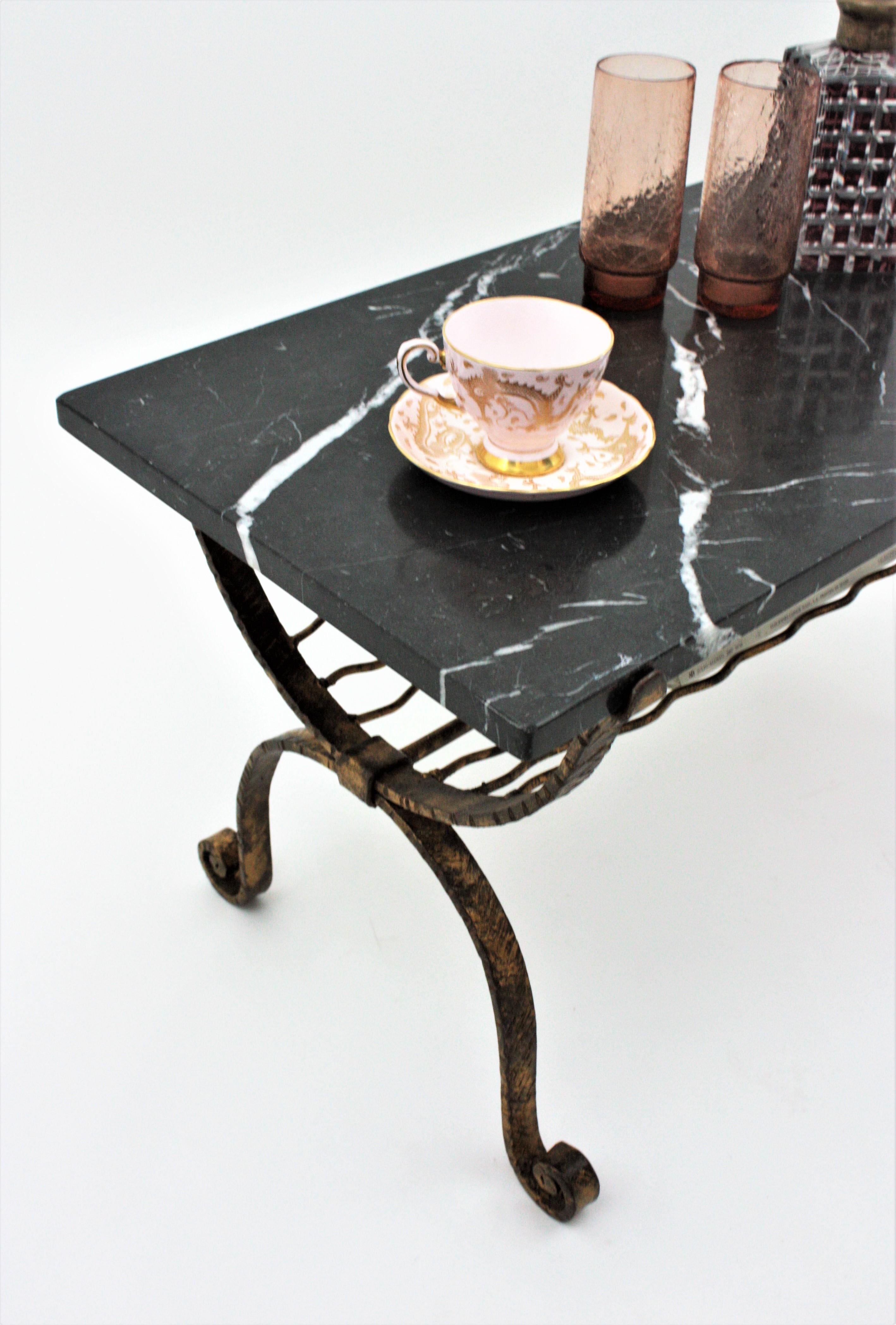 Poillerat Style French Gilt Iron and Marble Table with Magazine Stand, 1940s For Sale 9