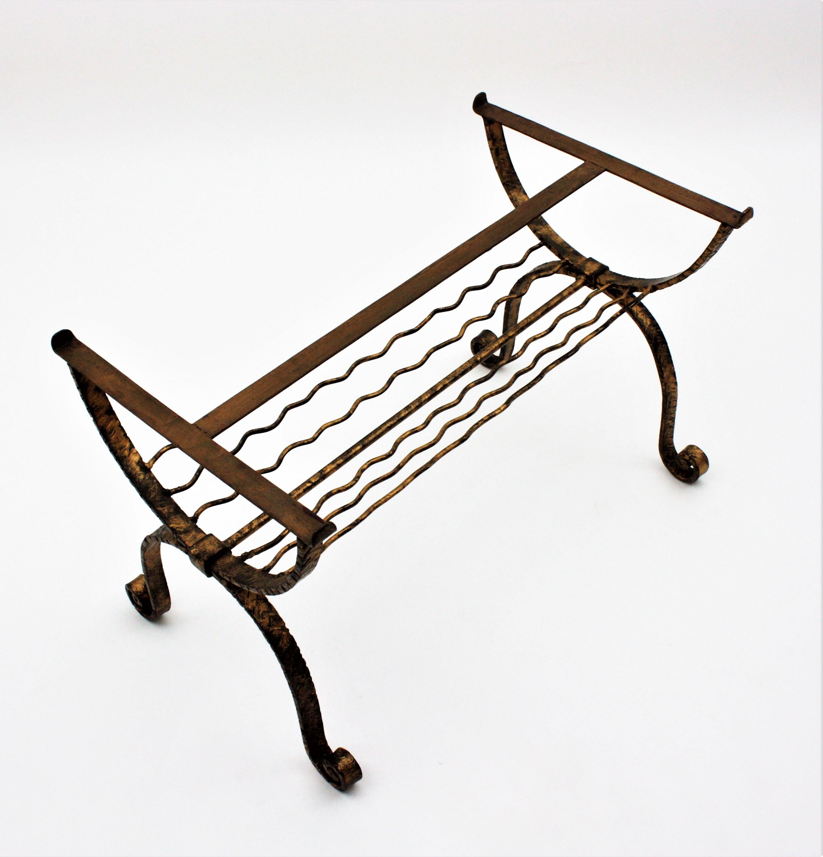 Poillerat Style French Gilt Iron and Marble Table with Magazine Stand, 1940s For Sale 13