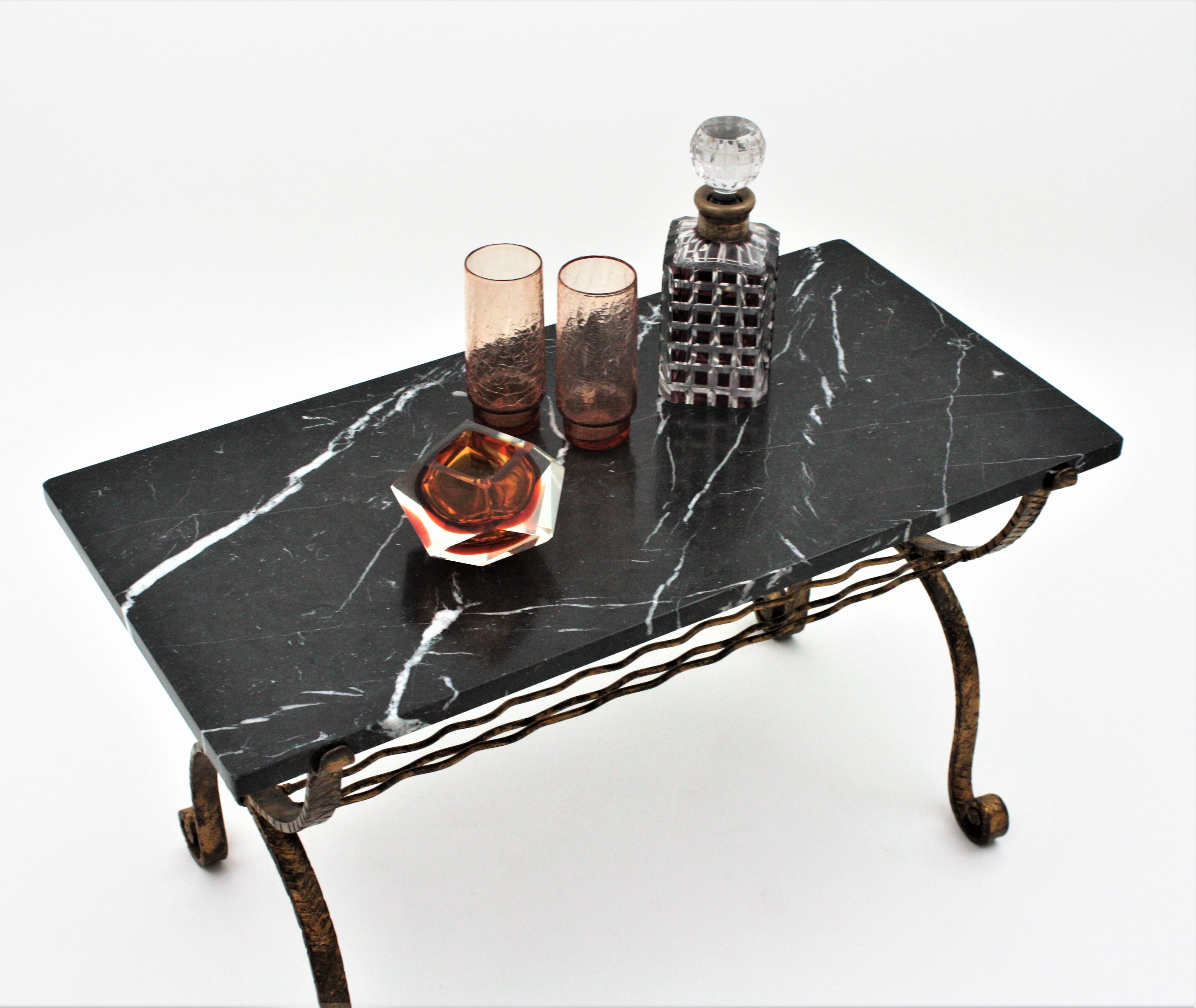 Poillerat Style French Gilt Iron and Marble Table with Magazine Stand, 1940s For Sale 14