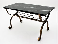 Poillerat Style French Gilt Iron and Marble Table with Magazine Stand, 1940s