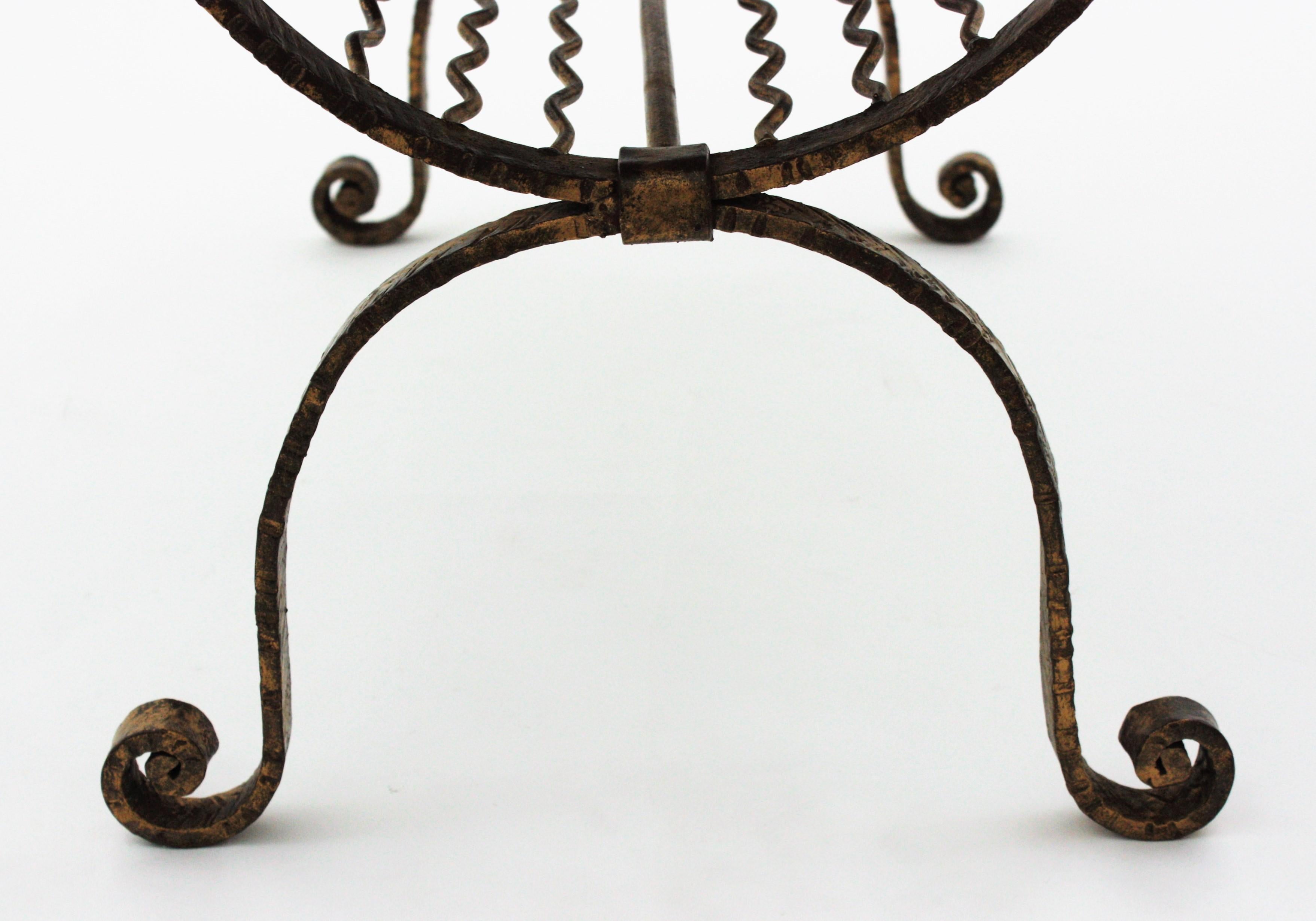 Poillerat Style French Gilt Iron and Marble Table with Magazine Stand, 1940s For Sale 1