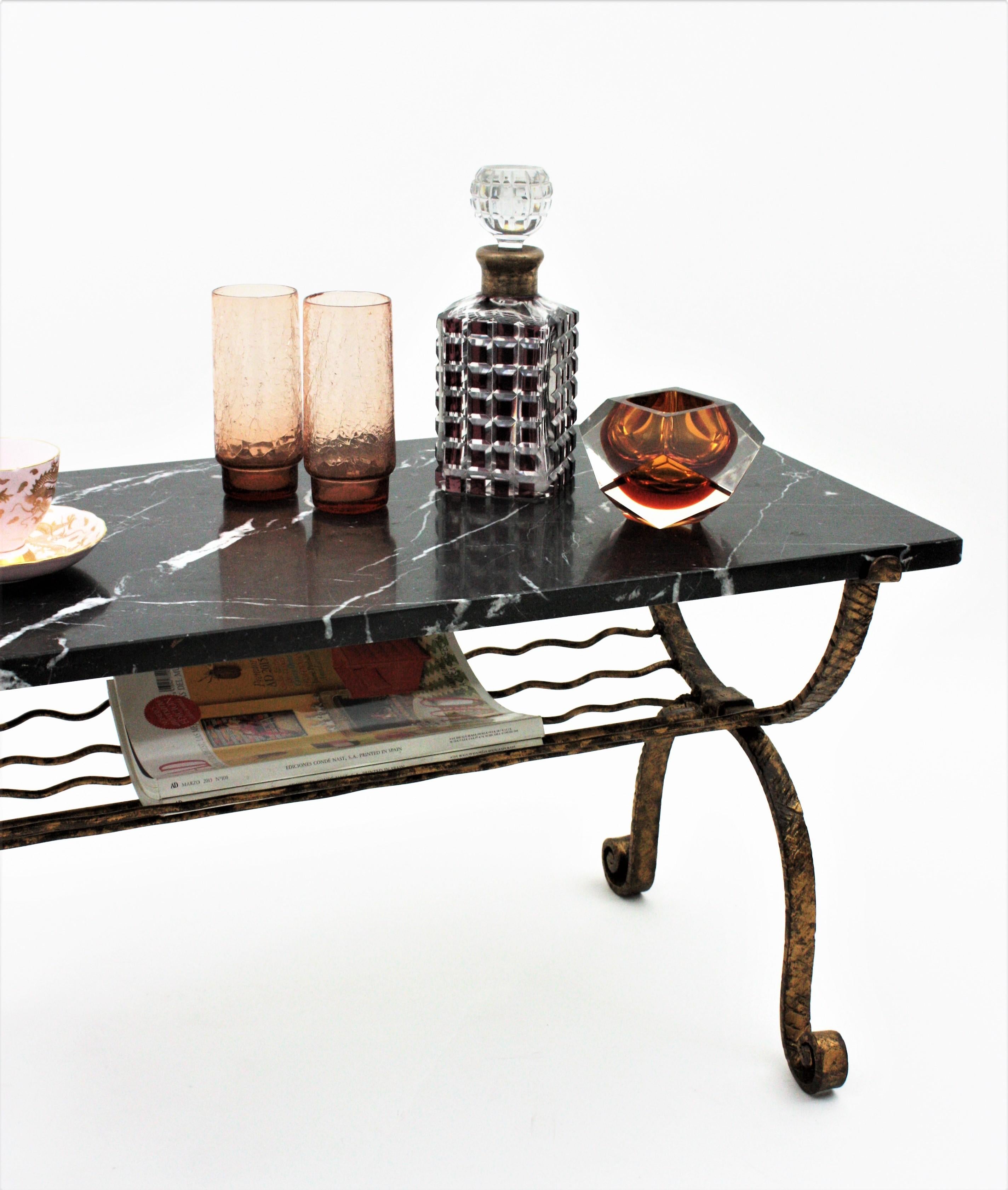 Poillerat Style French Gilt Iron and Marble Table with Magazine Stand, 1940s For Sale 3