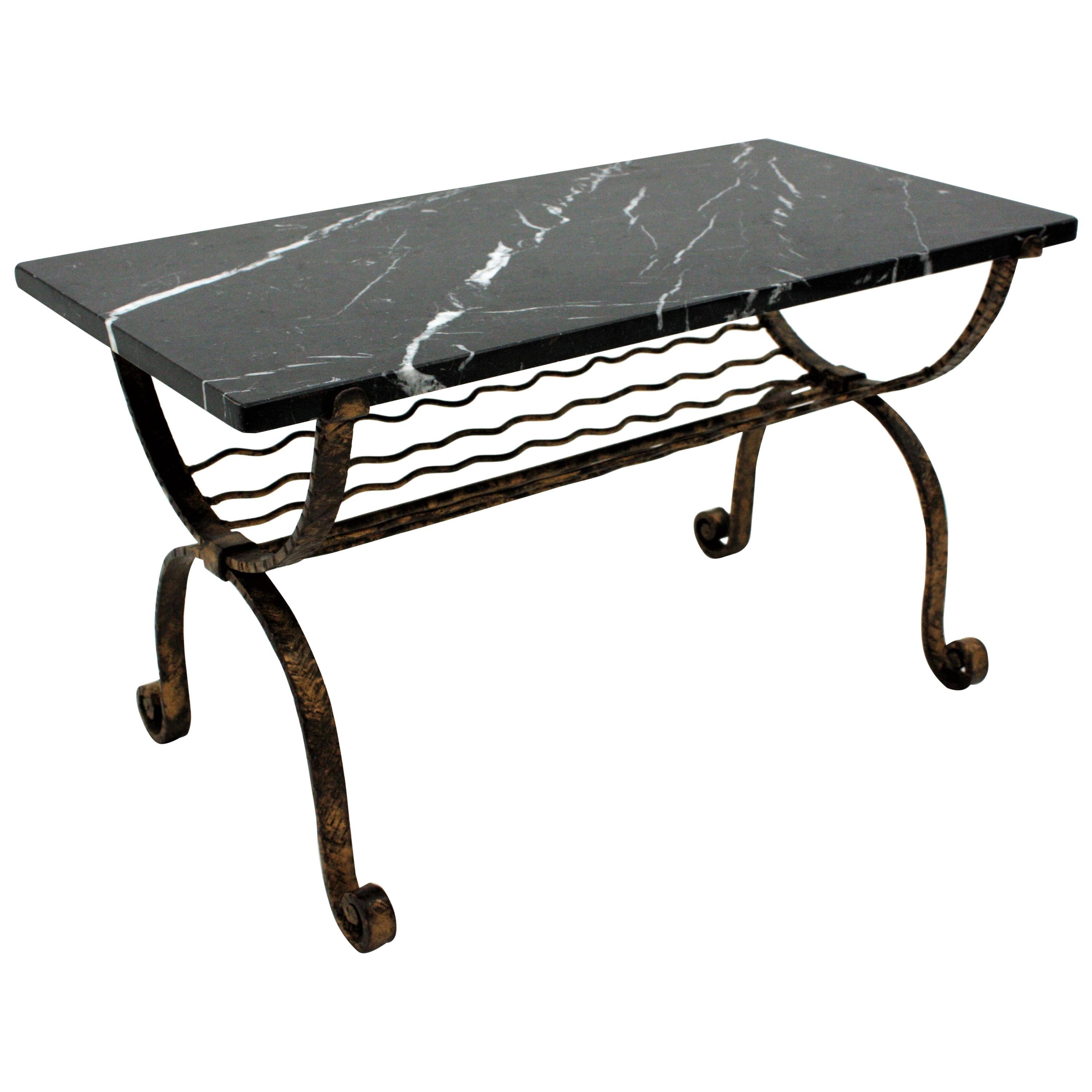 Poillerat Style French Gilt Iron and Marble Table with Magazine Stand, 1940s