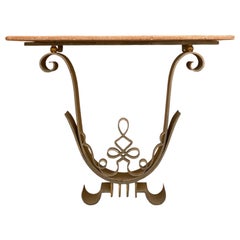 Poillerat-Style Wall-Mounted Scrolled Iron Marble French Art Deco Console Table