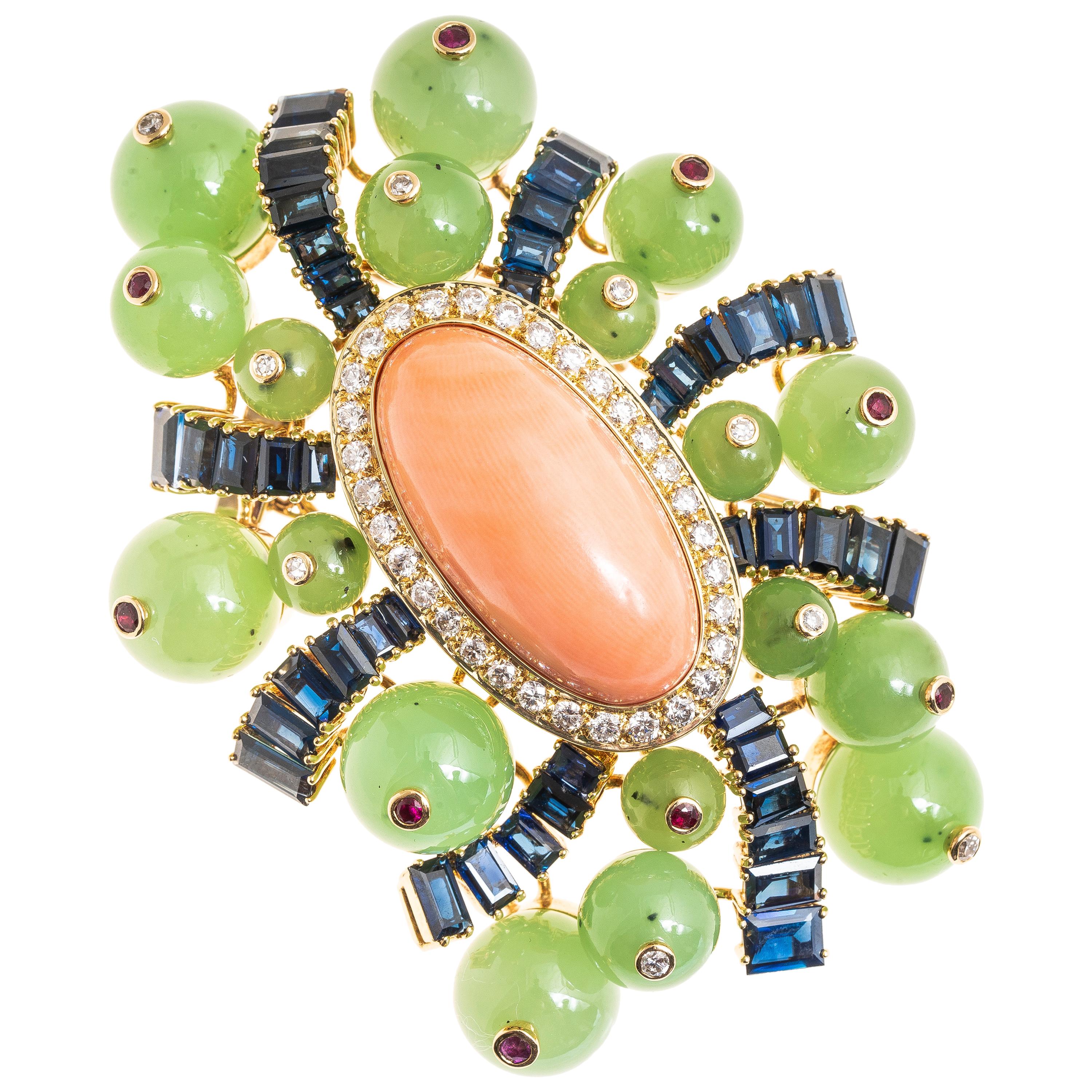 Poincot 18Ky Coral Diamond Sapphire Ruby and Jade Vintage Retro Brooch/Fur Pin For Sale