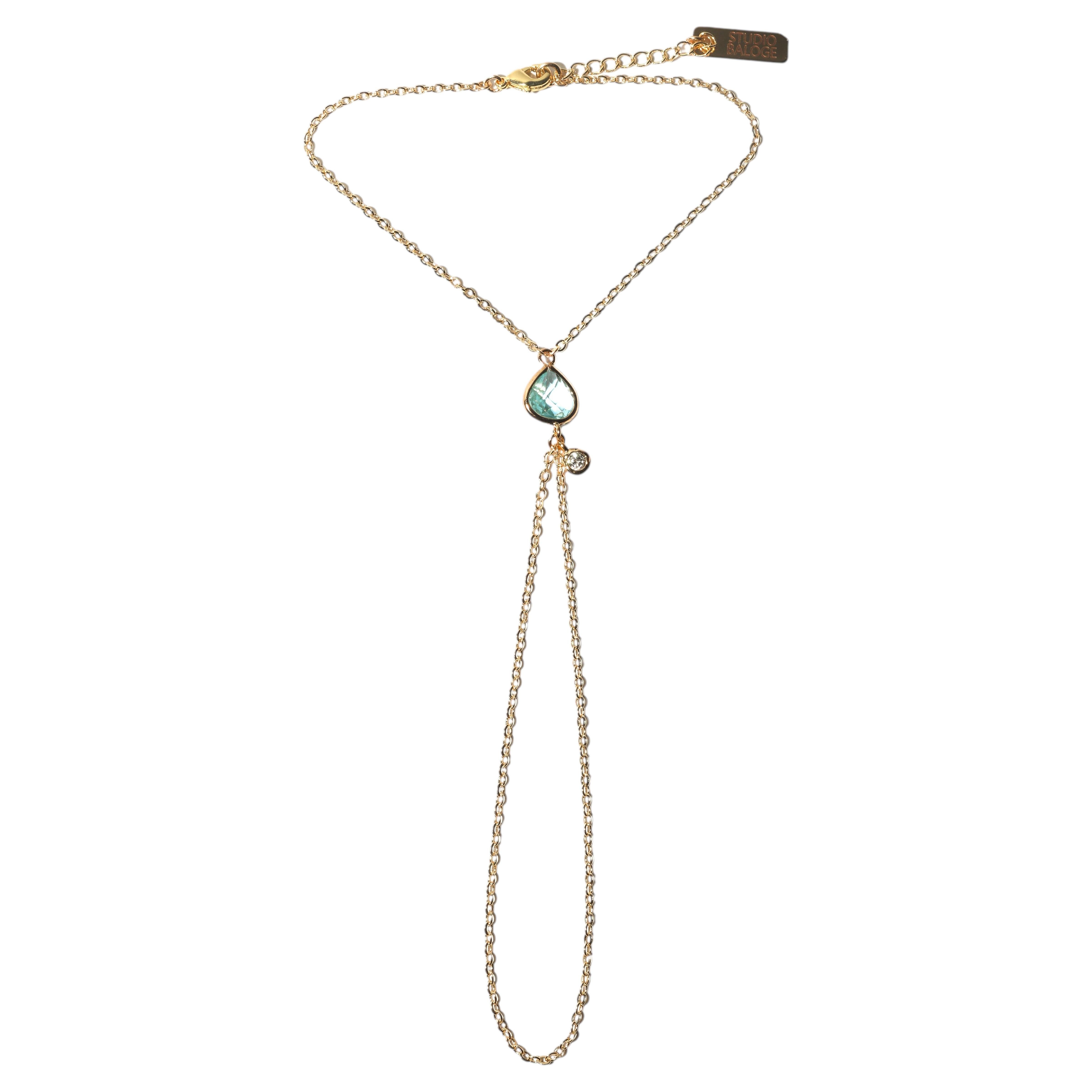 Catena a mano Point in oro 14K con acquamarina e goccia di cristallo luminoso