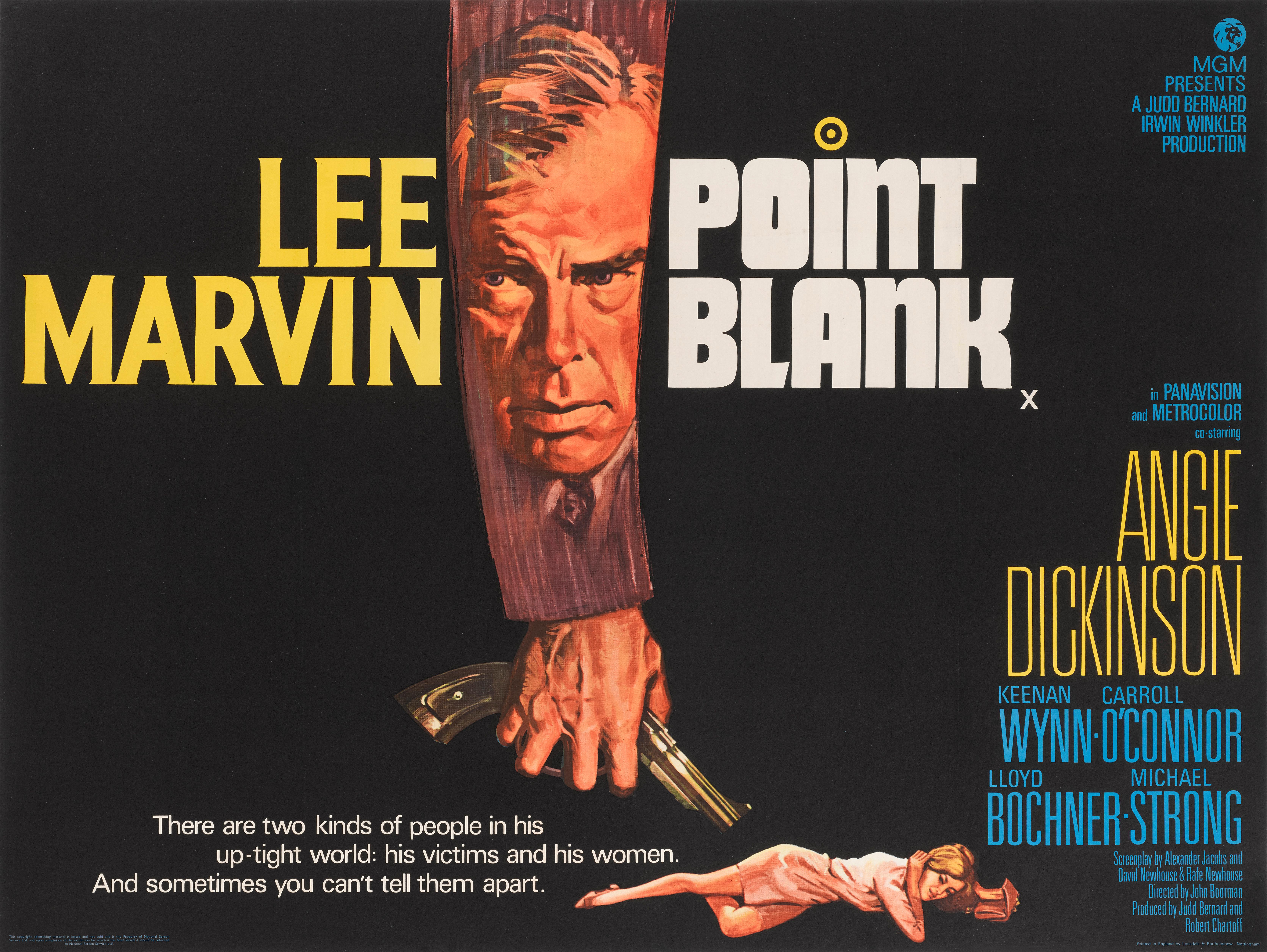 Affiche originale britannique pour le film Point Blank (1967). Le film a été réalisé par John Boorman à la demande de Lee Marvin, et met en scène Marvin, Angie Dickinson et Keenan Wynn. Ce film n'a pas été un succès au box-office au moment de sa
