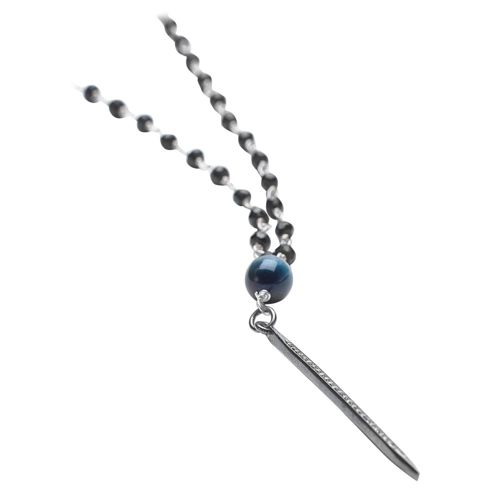 Point In Time Black Spinel Silver with Pavé Diamond Spike Pendant Necklace For Sale