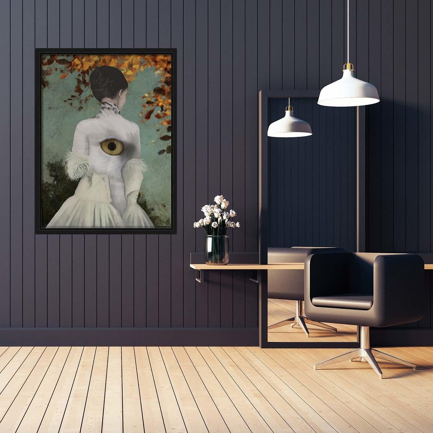 On a fine cotton pictorial canvas with an American box frame in basswood, this stunning limited edition artwork is a digital pictorial piece made by assembling photographs and illustrations. The pop-surrealist artwork depicts an eye as the mirror of