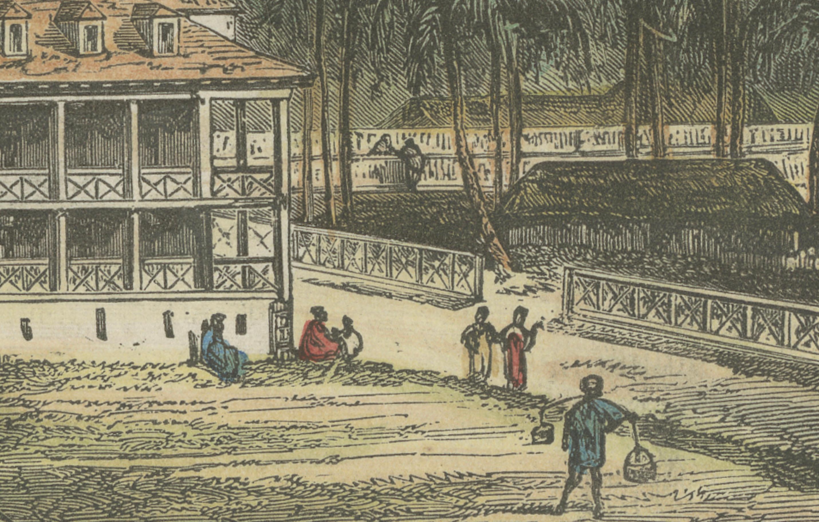 Pointe de Faré-Uté, Tahiti: Hand-Colored 19th Century Engraving In Good Condition For Sale In Langweer, NL
