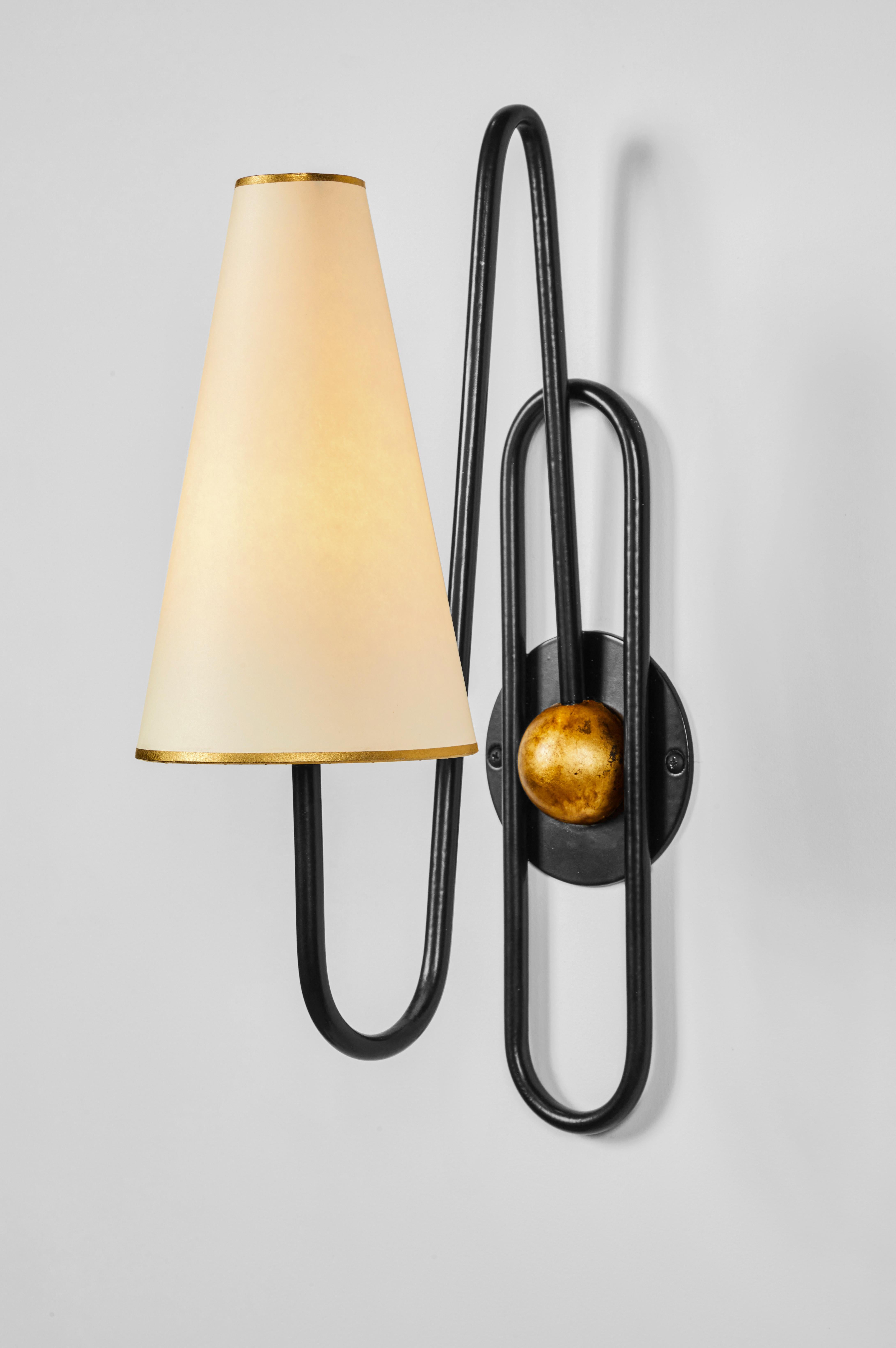 'Pointe Messery' wall lamp in the style of Jean Royère. Handcrafted in Los Angeles in the workshop of noted French designer and antiques dealer Denis de le Mesiere, who pays homage to the work of Jean Royere with scrupulous attention to detail and
