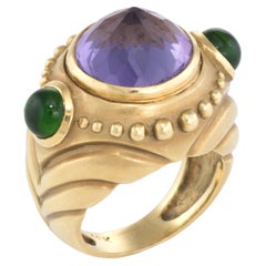 Pointed Amethyst Green Tourmaline Ring Retro 18k Yellow Gold Fine Cocktail 