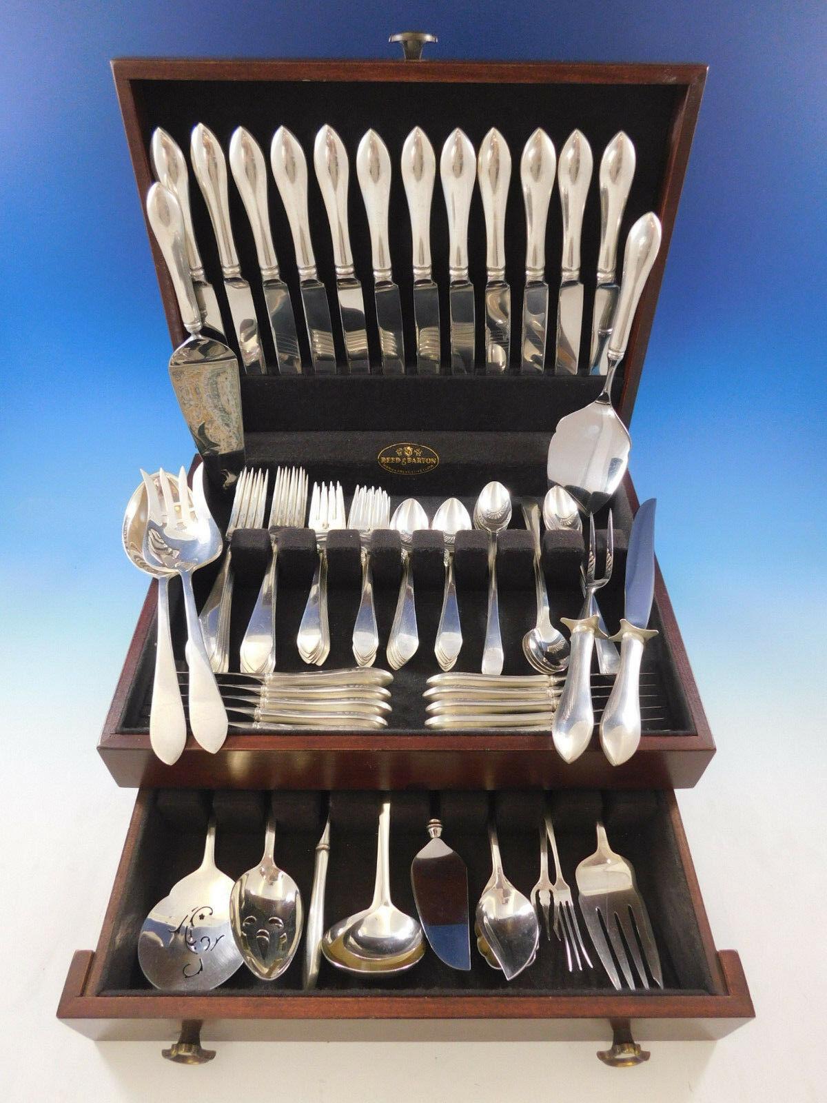 Incredible dinner size pointed antique by Reed & Barton / Dominick & Haff sterling silver flatware set, 90 pieces, with tons of servers! This set includes:

12 dinner size knives, 9 1/2