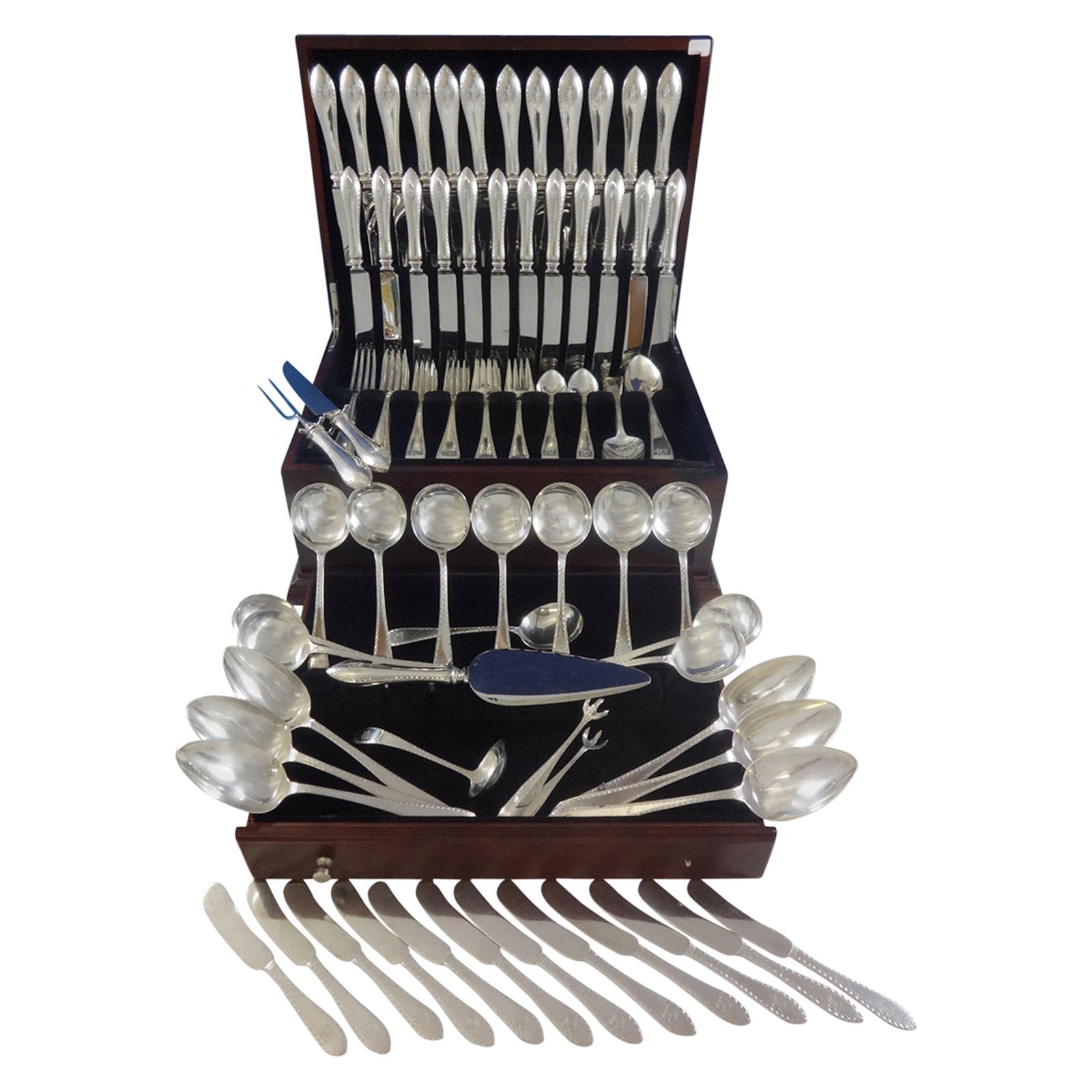 Pointed Antique Engraved Dominick & Haff Sterling Silver Flatware Service Set For Sale
