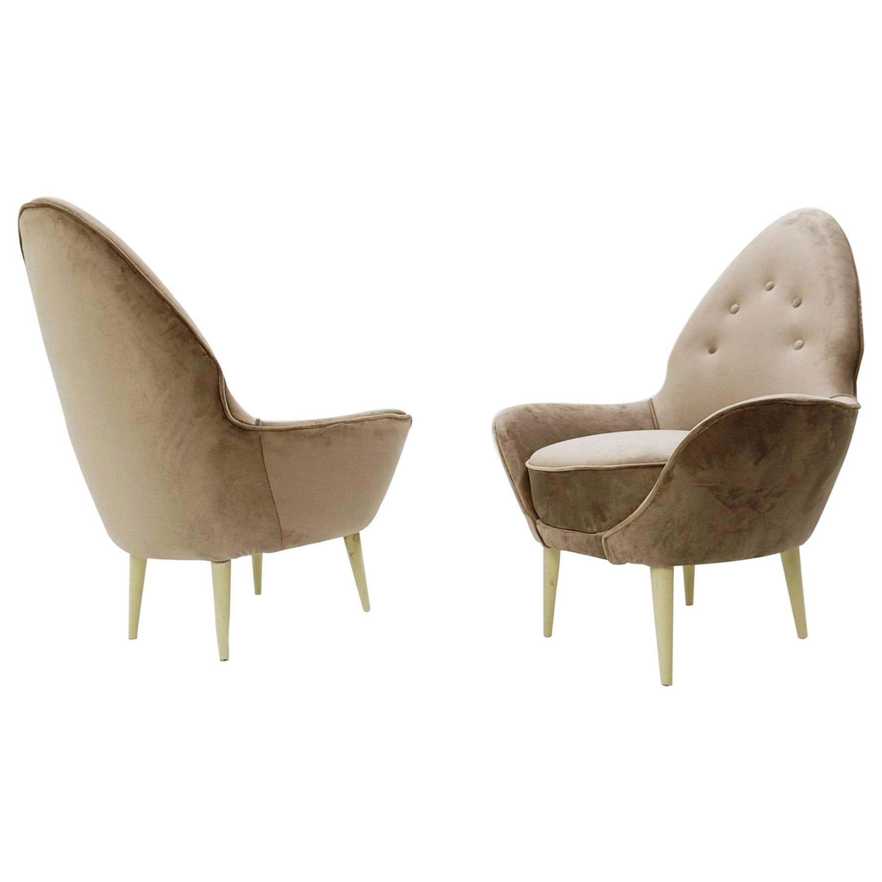 Pointed Back Italian Armchairs, New Grey Velvet Upholstery For Sale