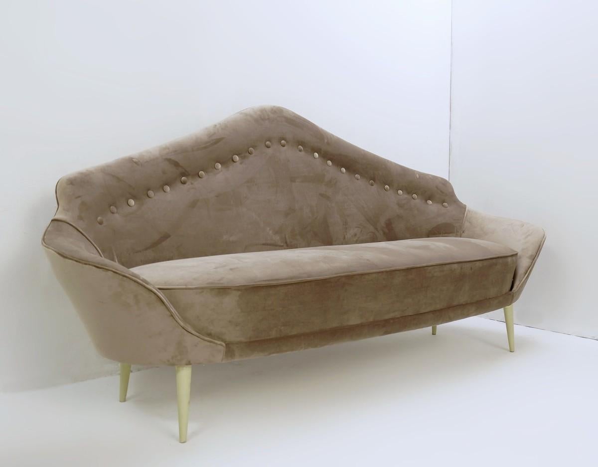 Pointed back Italian sofa, new grey velvet upholstery.