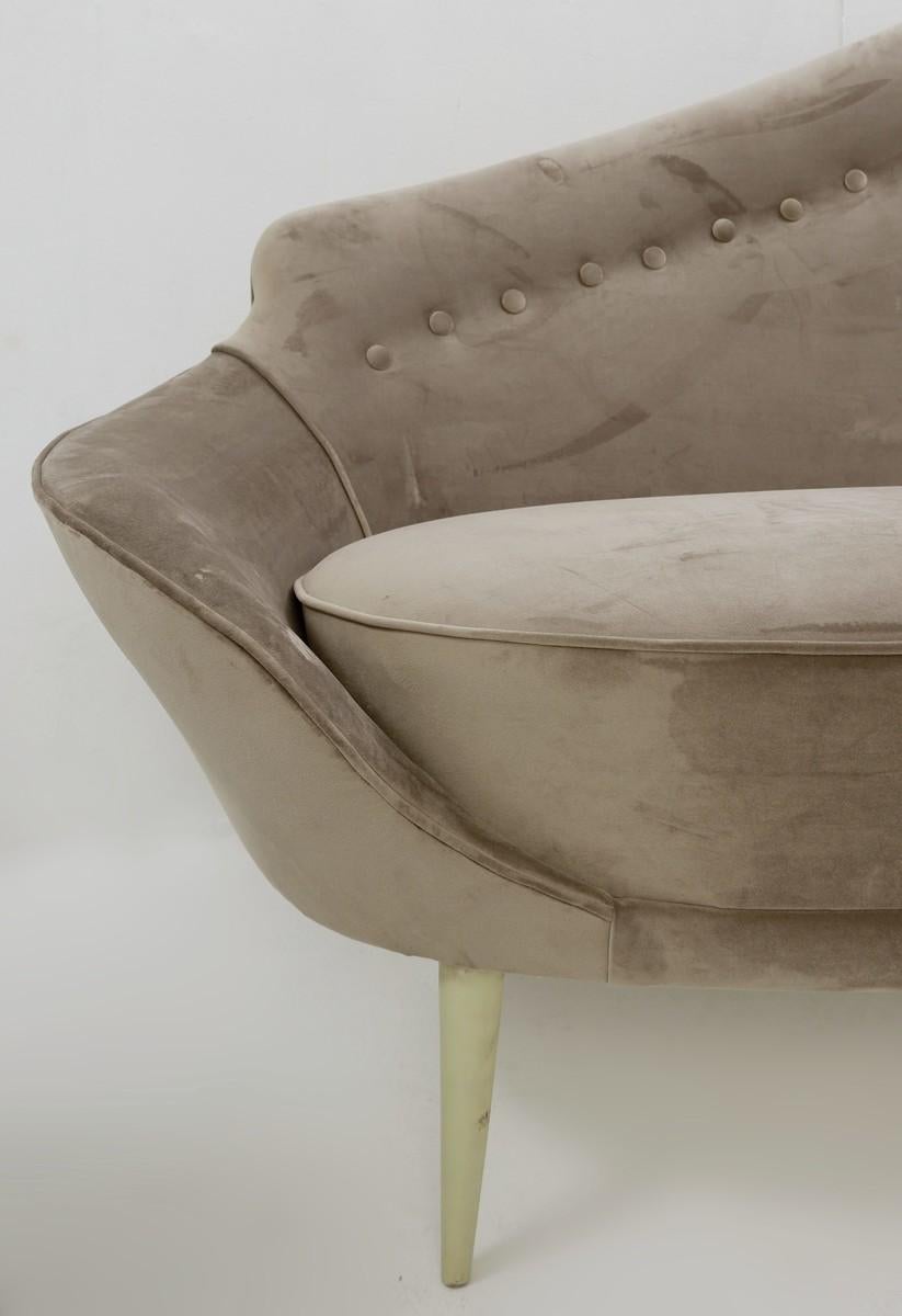 Mid-Century Modern Pointed Back Italian Sofa, New Grey Velvet Upholstery For Sale