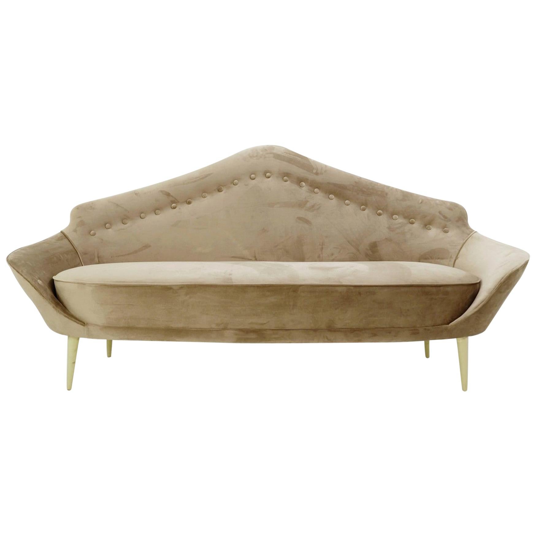 Pointed Back Italian Sofa, New Grey Velvet Upholstery For Sale