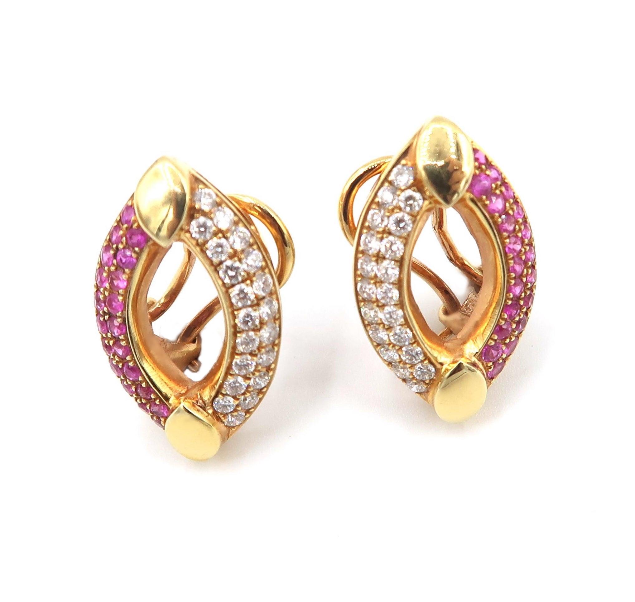Round Cut Pointed Ellipse Oval Pavé Pink Sapphire & Diamond 18K Rose Gold Clip Earrings For Sale