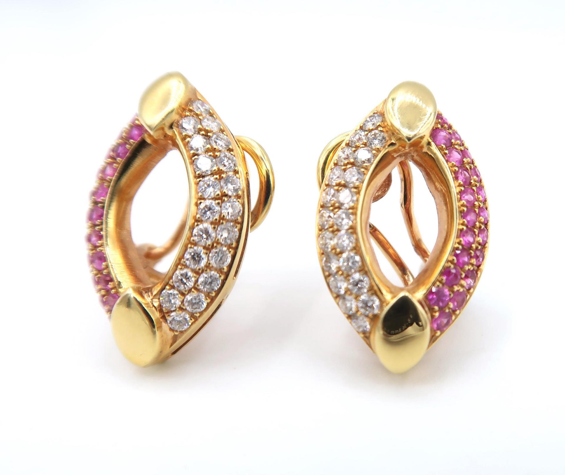 Pointed Ellipse Oval Pavé Pink Sapphire & Diamond 18K Rose Gold Clip Earrings In New Condition For Sale In Bangkok, TH
