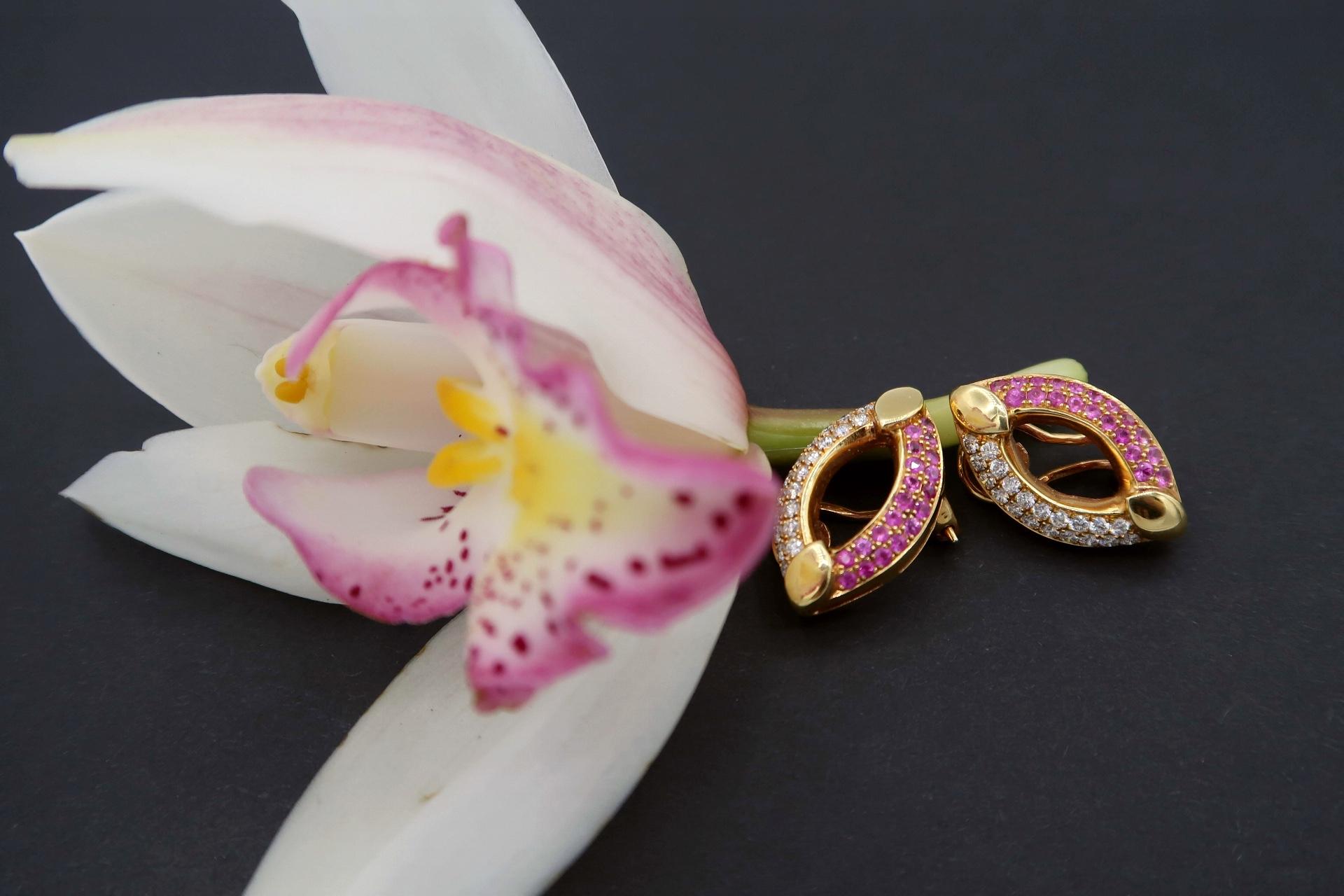 Women's Pointed Ellipse Oval Pavé Pink Sapphire & Diamond 18K Rose Gold Clip Earrings For Sale