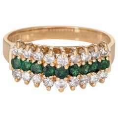 Pointed Emerald Diamond Ring Vintage 14 Karat Yellow Gold Estate 1980s Band