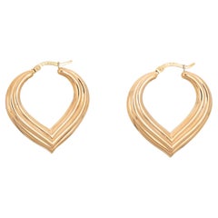 Pointed Hoop Oval Earrings Antique Ridged 14k Yellow Gold 1" Estate Fine Jewelry