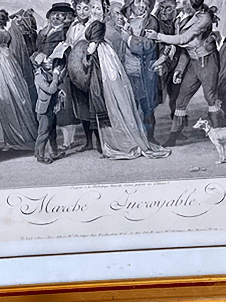 Directoire Pointillé Engraving, Entitled Marche Incroyable, Boilly Et Bonnefoy, 18th C For Sale