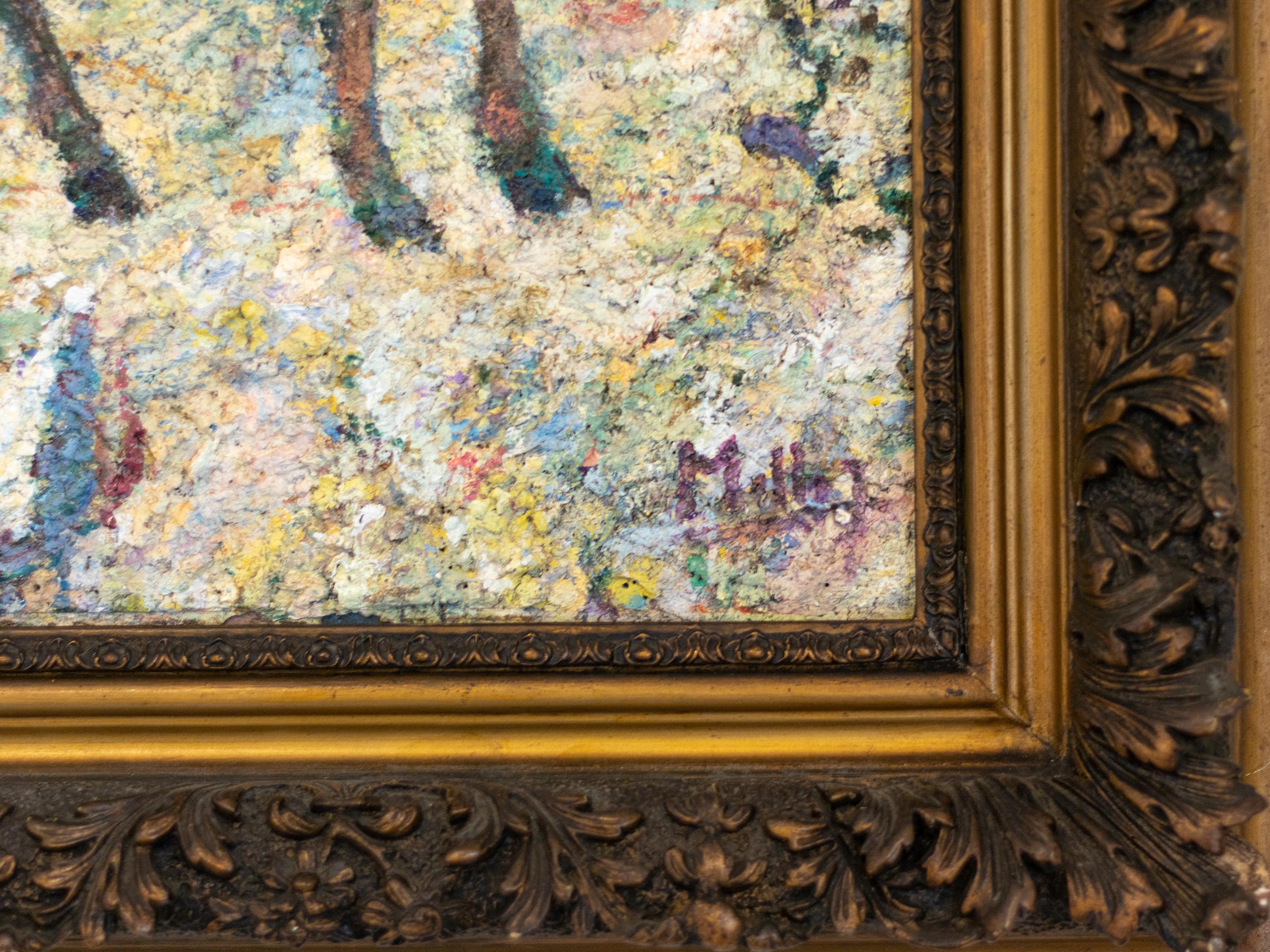 A pointillist style painting of a peaceful countryside scene featuring a wagon filled with hay, signed by the Portuguese modernist painter Agostinho de Mello Júnior, also known as Mello Junior.

Agostinho de Mello Júnior (1914 to 2002) hailed from