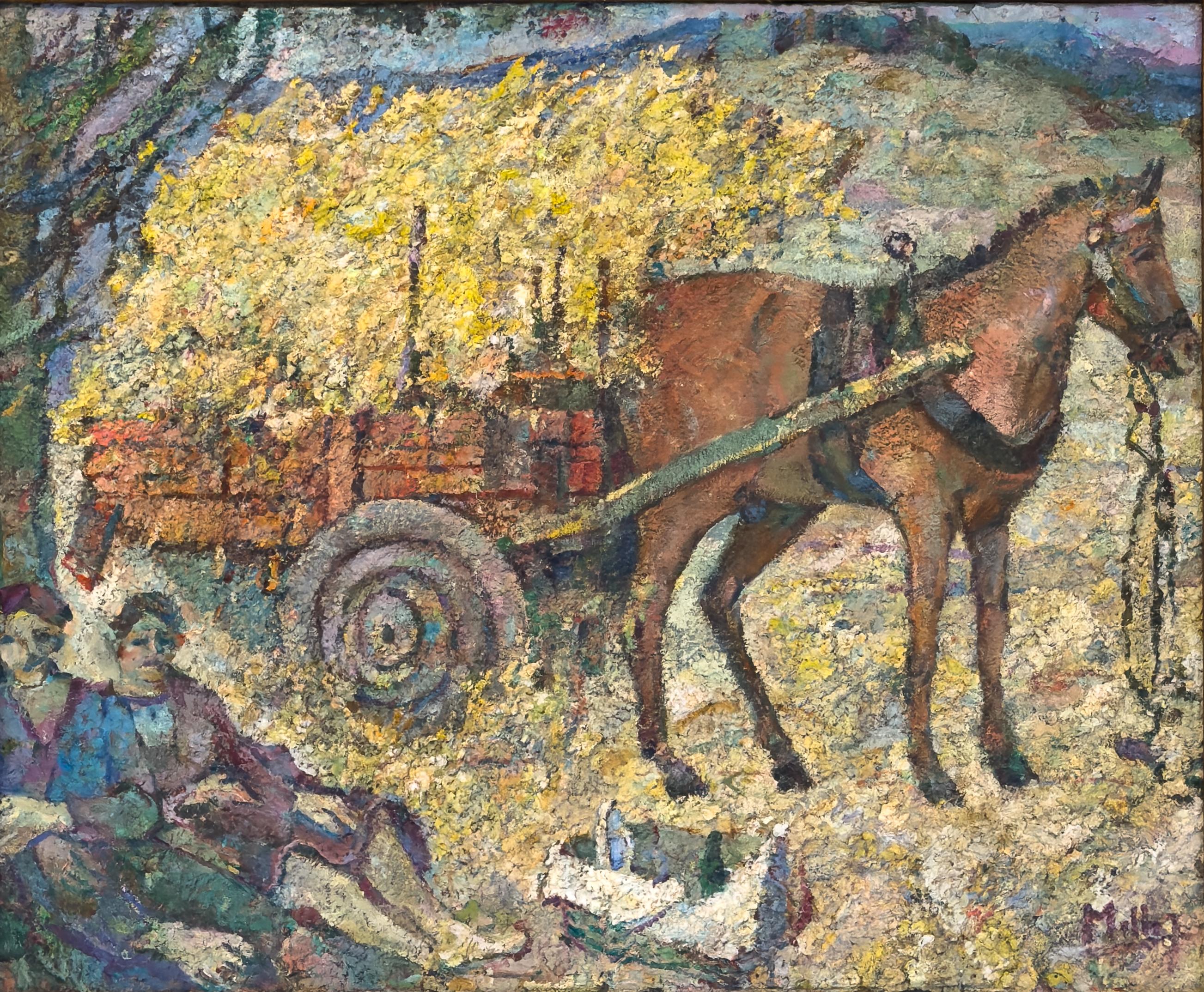 Canvas Pointillist Painting Of Hay Wagon By Mello Junior, Modernism, 20th Century For Sale