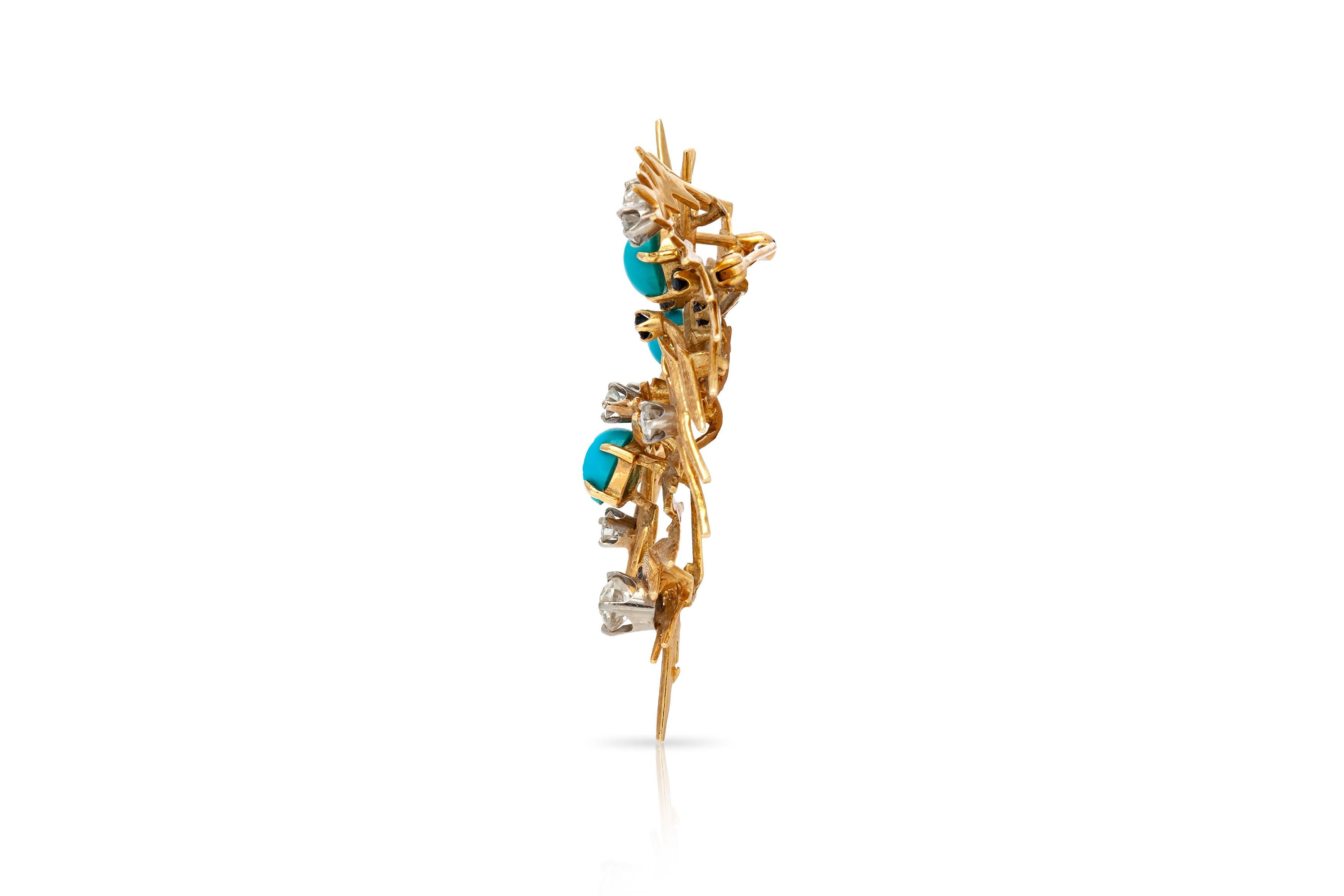 Pointy Diamond Turquoise Sapphire Brooch In Good Condition For Sale In New York, NY