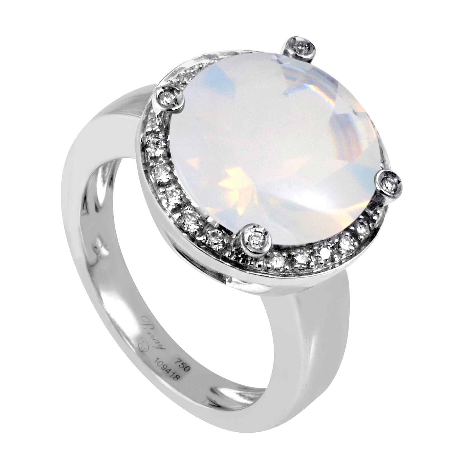 Poiray 18 Karat White Gold Diamond and Milky Quartz Ring PPD2133