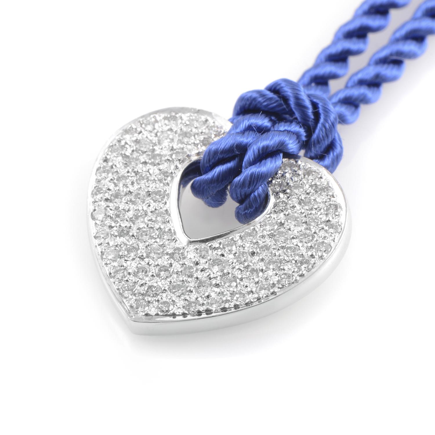 This simplistic yet stunning necklace is a charming example of Poiray elegance. The high quality royal blue rope-cord necklace lovingly embraces the 18K white gold pendant that is beautifully encrusted with ~.76ct of diamonds in a dazzling pavé