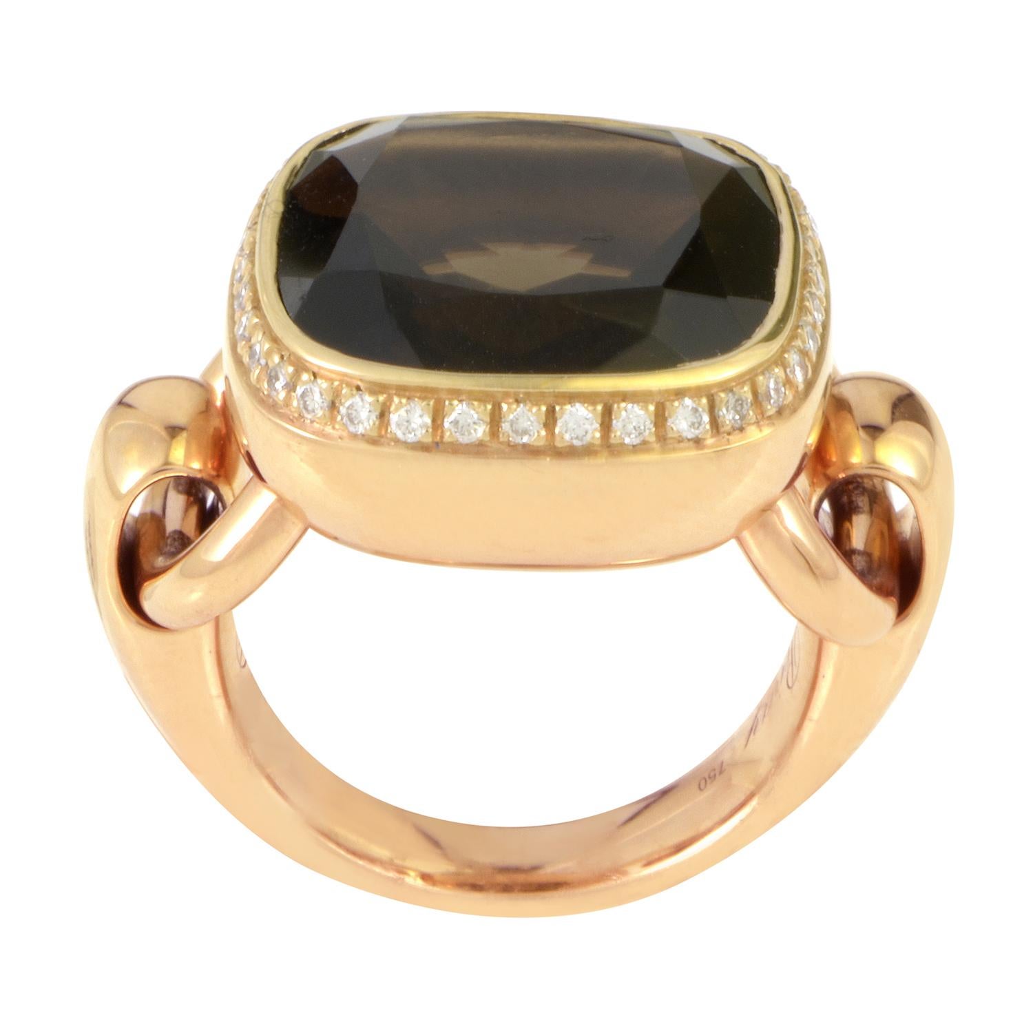 The luxurious glamour is embodied in this Poiray ring that oozes opulence. The ring is made of 18K rose gold that is specially designed with hinges that hold a smooth cushion bezel setting. A faceted smoky quartz totaling ~8.65ct captures attention