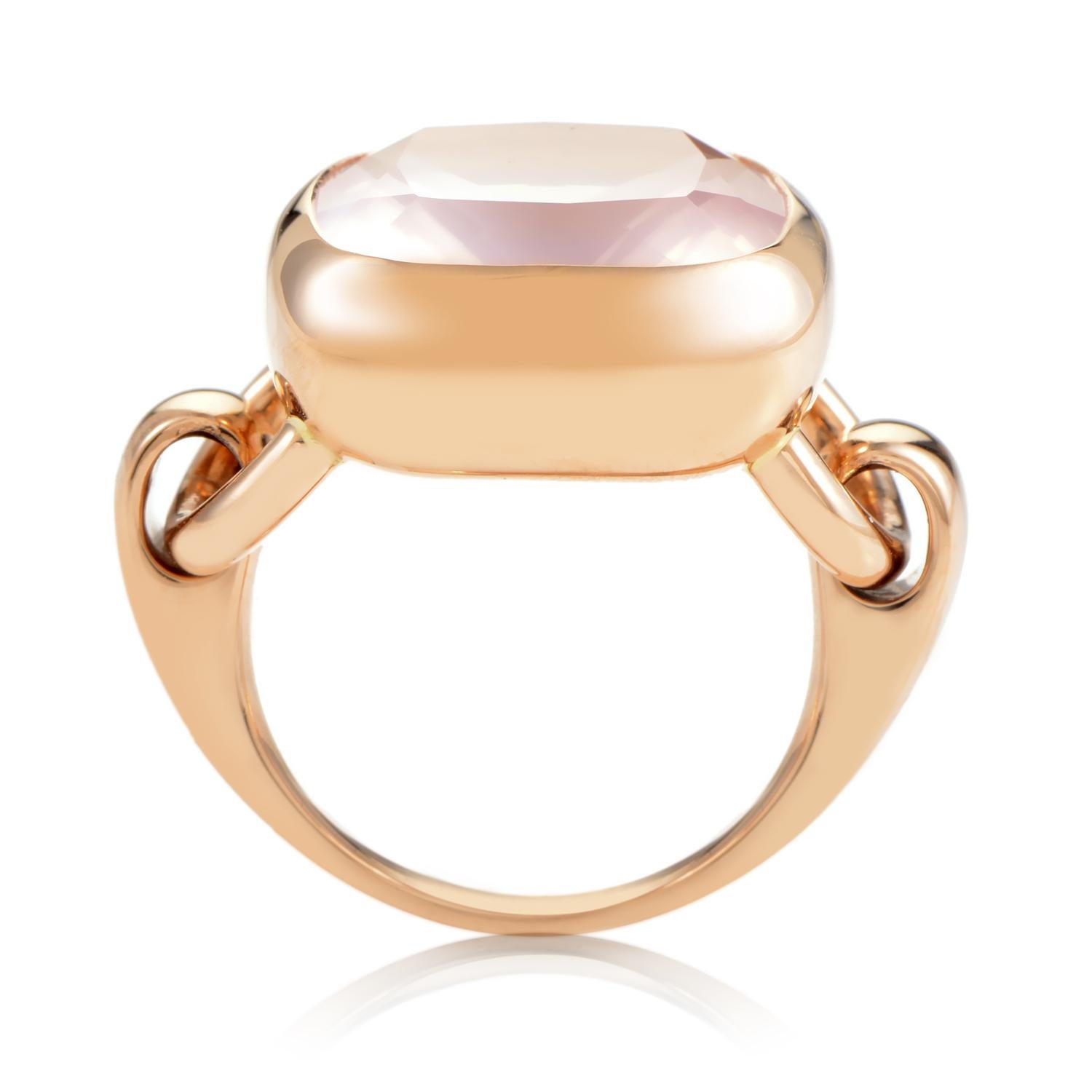 18K Rose Gold spills upward with perfection, rolling into twin loops where the band meets the crown. A grand setting of Pink Quartz steals the show atop the plateau of precious metal. This lovely ring design from Poiray comes with manufacturer's box