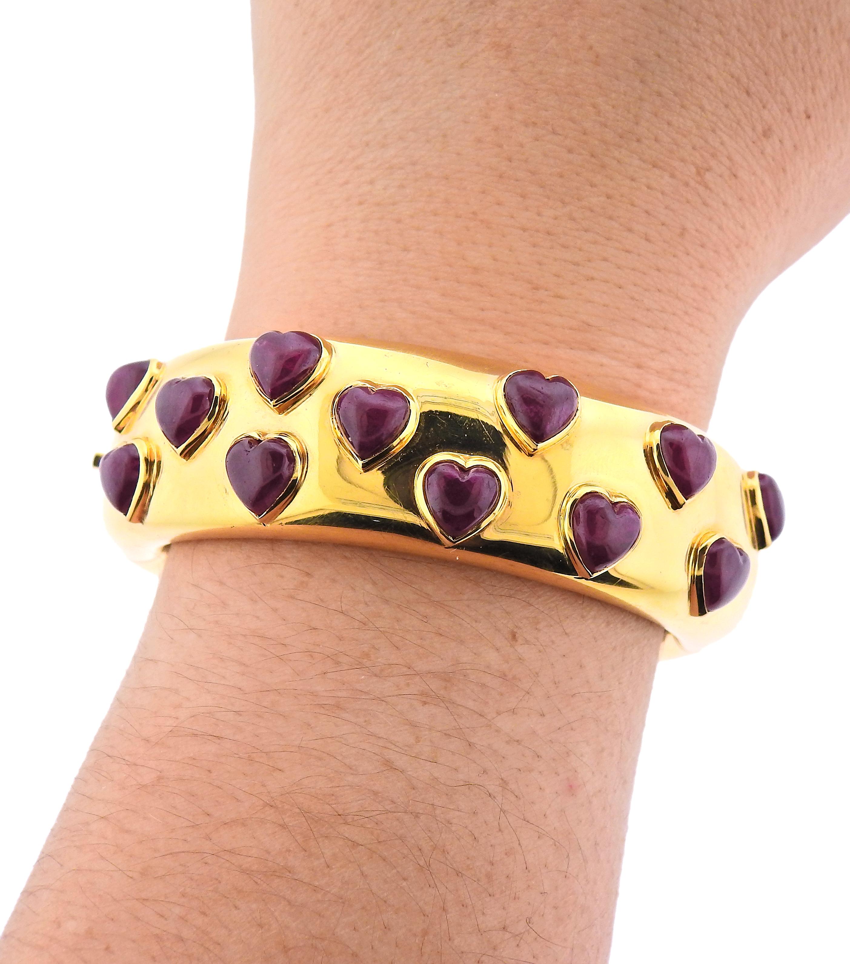 Women's Poiray Heart Ruby Gold Bangle Bracelet For Sale