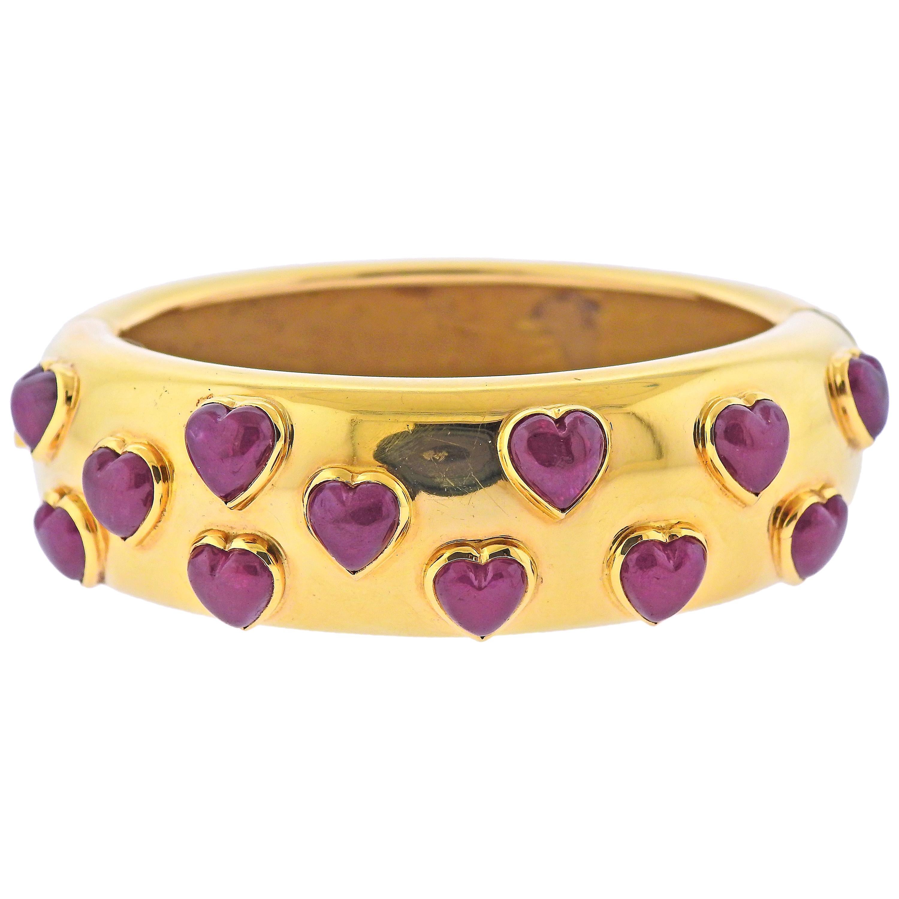 Poiray Heart Ruby Gold Bangle Bracelet For Sale
