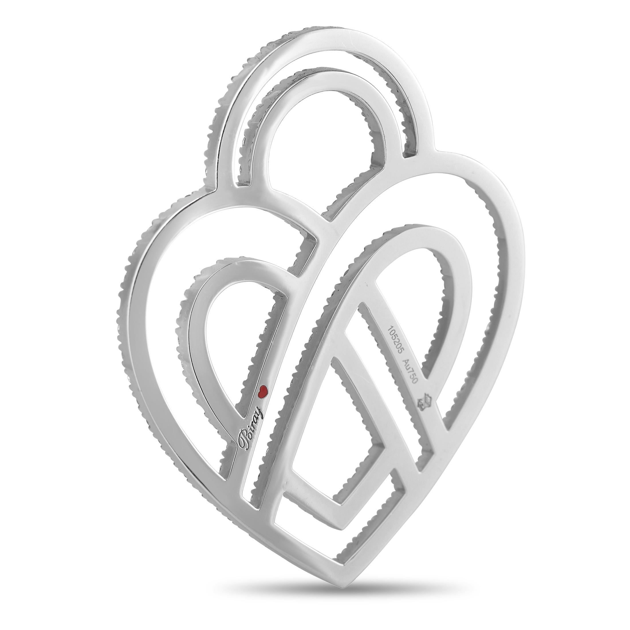 A grand display of style from Poiray, this large pendant will steal your heart. The heart motif is shaped in 18K White Gold to mesmerizing effect. Its precious contours ripple with the luxurious sparkle of 3.75ct diamonds. A truly magnificent design.