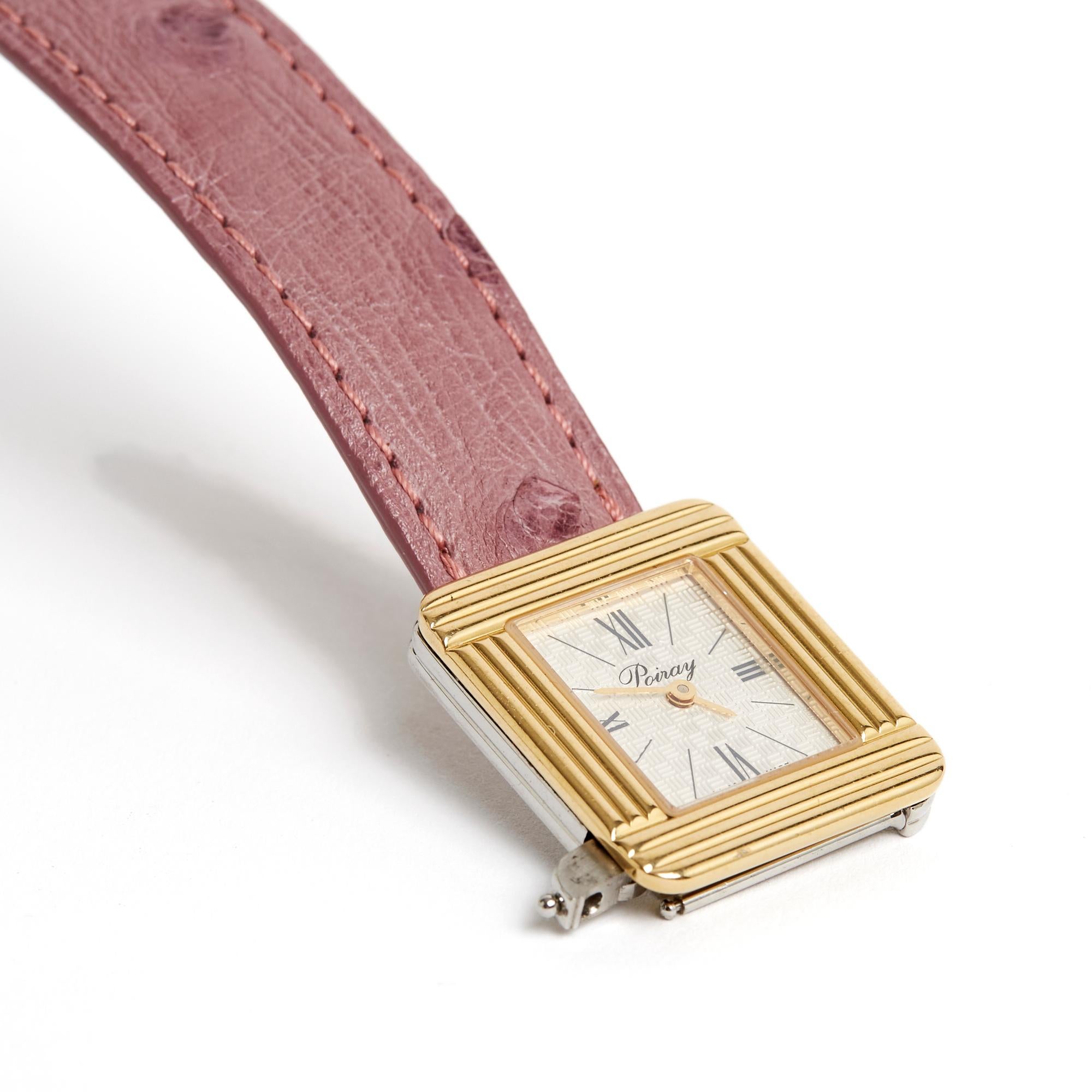 Poiray watch, Ma Première model, in steel and yellow gold, quartz mechanism, silver background with braided pattern, interchangeable leather strap in purple ostrich leather. Diameter of the watch 2.3 cm, length of the bracelet alone 13.6 cm, length