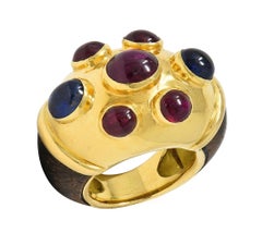 Poiray Paris 1980's 5.80 CTW Sapphire Ruby Wood 18K Gold Vintage Dome Ring