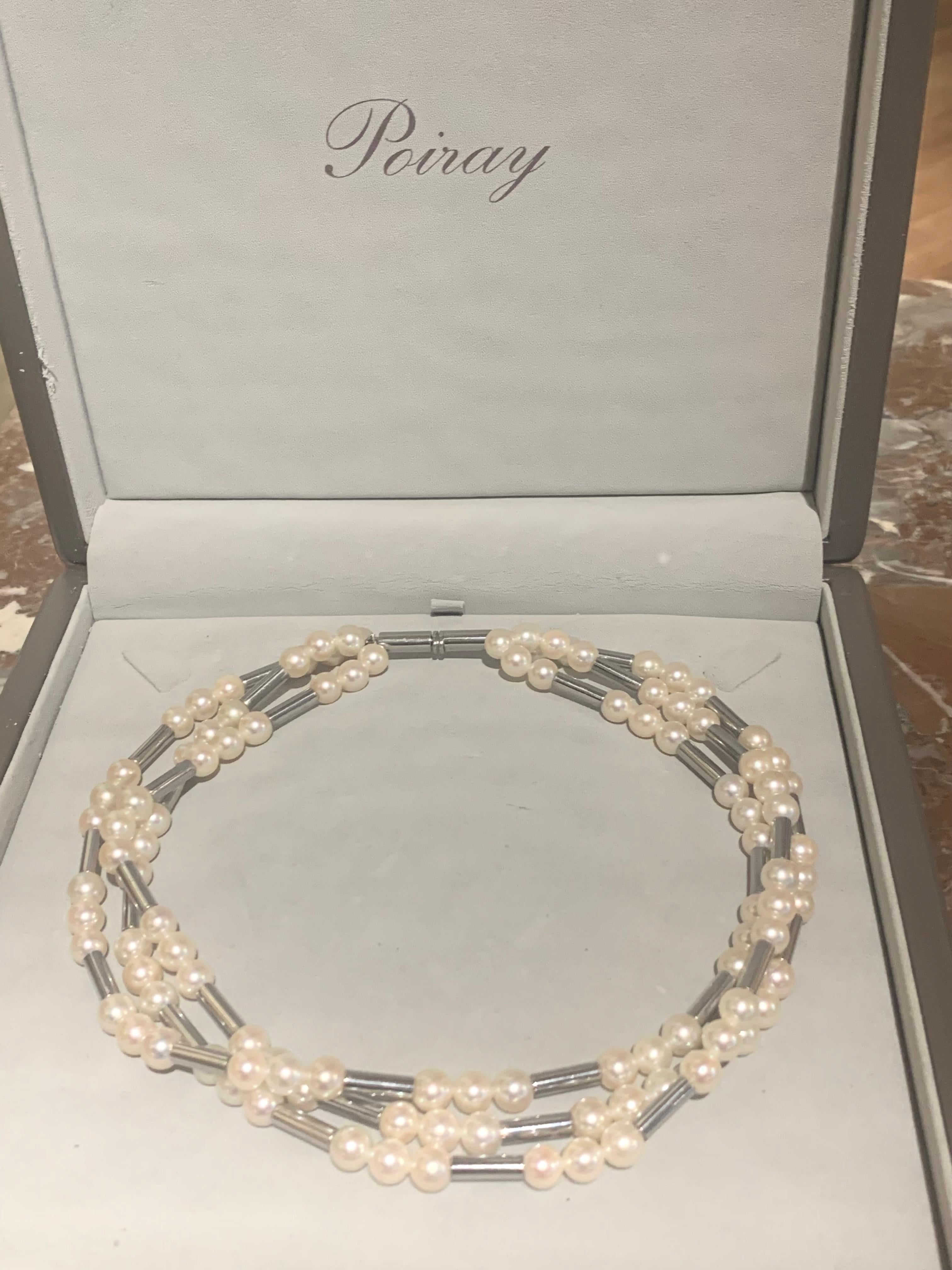 Contemporary Poiray Roseau Akoyas Pearls 18 Carats White Gold Necklace