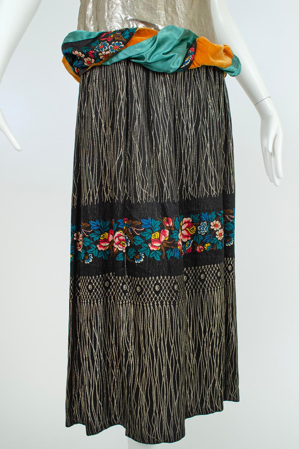 Poiret-Inspired Printed Silk and Gold Lamé Dress w Drop Rouleau Waist – S, 1920s For Sale 6