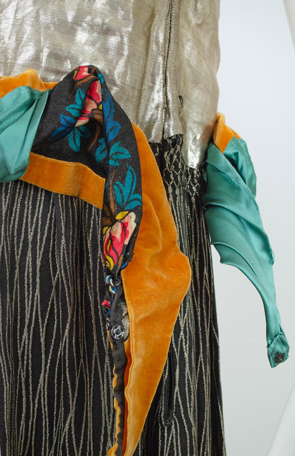 Poiret-Inspired Printed Silk and Gold Lamé Dress w Drop Rouleau Waist – S, 1920s For Sale 6