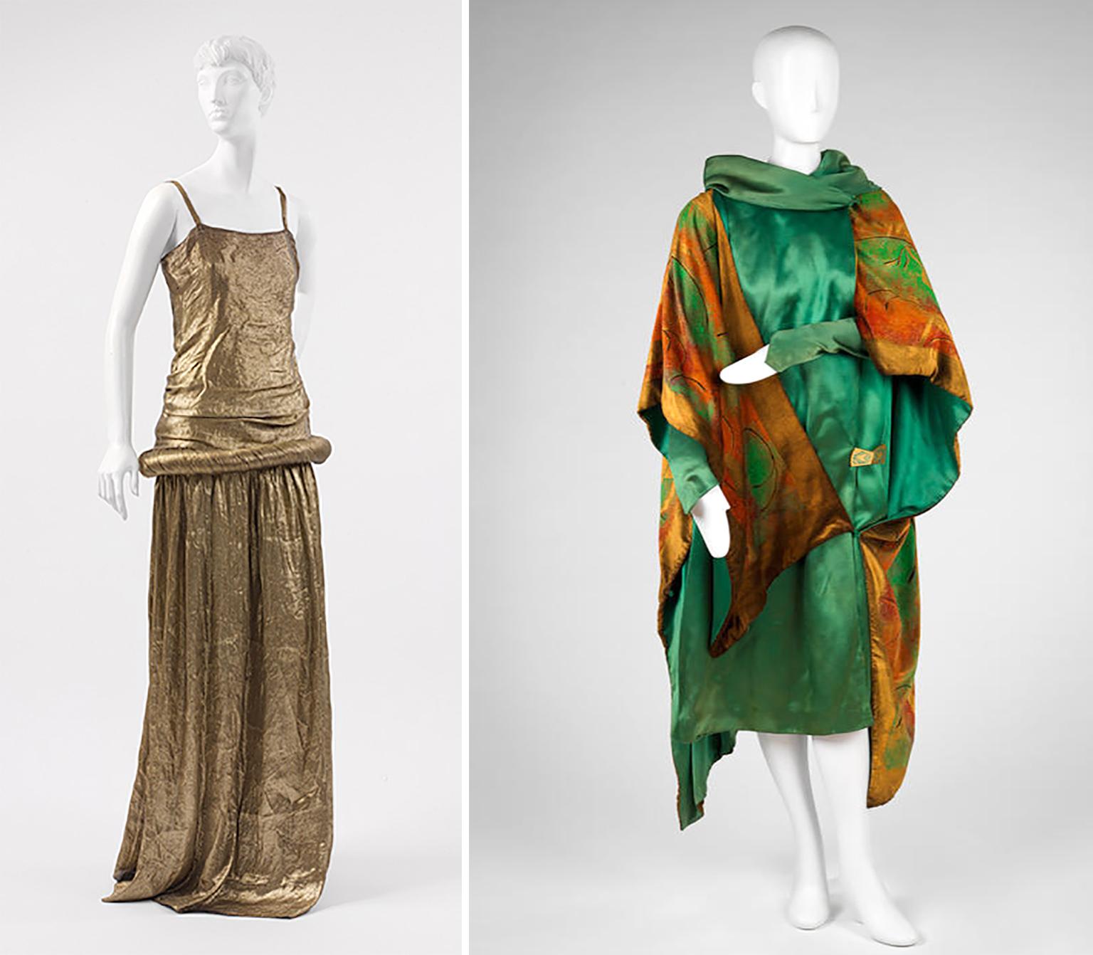 Poiret-inspiriertes Kleid aus bedruckter Seide und Goldlamé mit fallender Rouleau-Taille - S, 1920er Jahre im Angebot 11