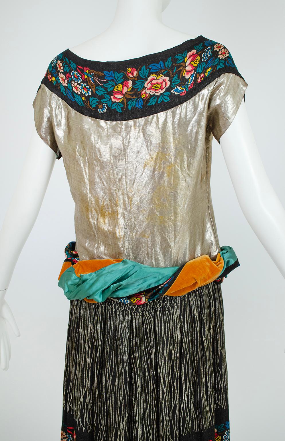 Women's Poiret-Inspired Printed Silk and Gold Lamé Dress w Drop Rouleau Waist – S, 1920s For Sale