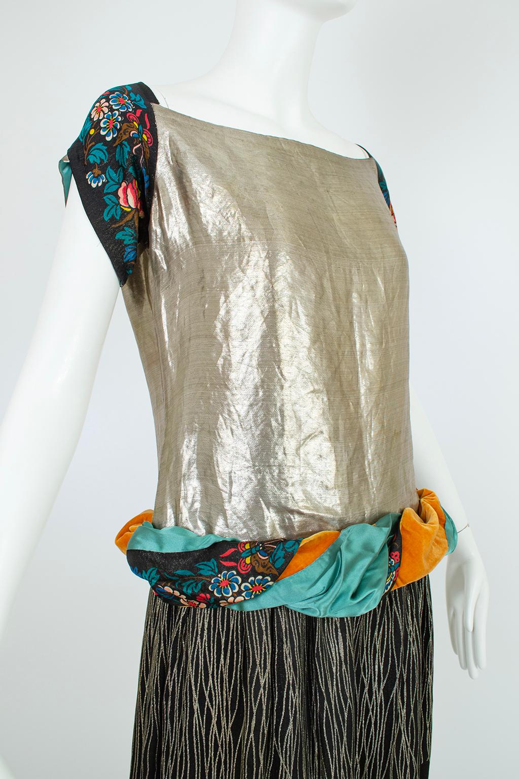 Women's Poiret-Inspired Printed Silk and Gold Lamé Dress w Drop Rouleau Waist – S, 1920s For Sale