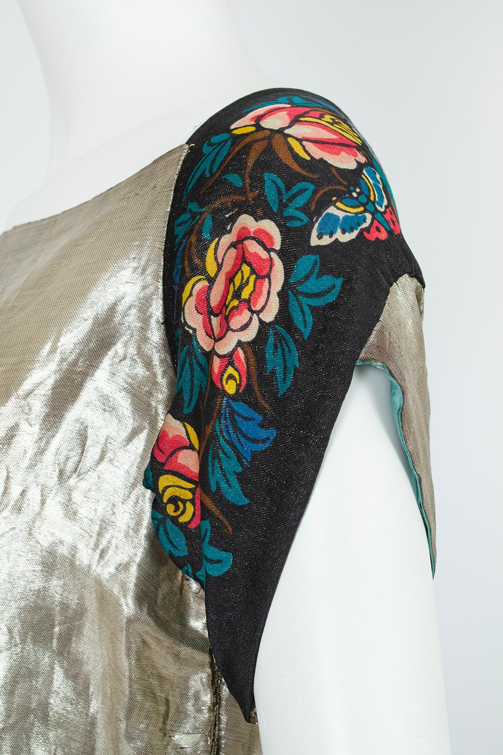Poiret-Inspired Printed Silk and Gold Lamé Dress w Drop Rouleau Waist – S, 1920s For Sale 1