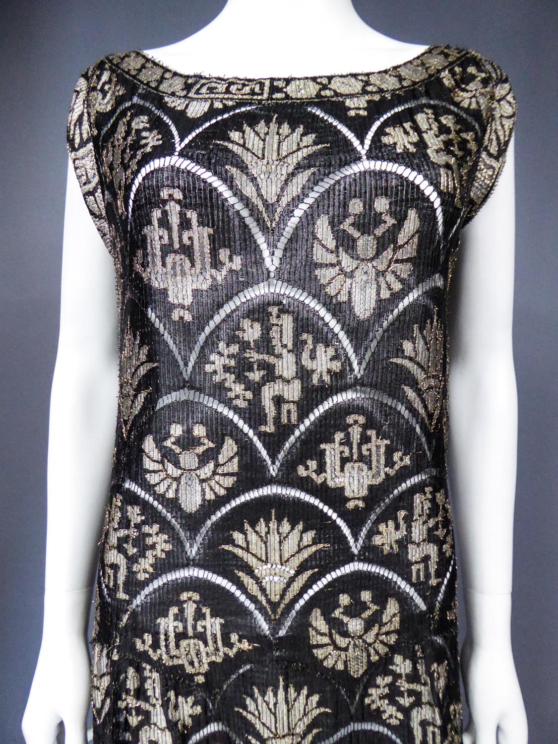 Black Poiret Style Art Deco Evening Dress in Gold and Silver Lamé Lace Circa 1925