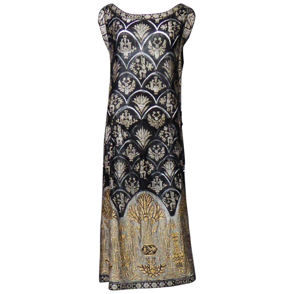 Poiret Style Art Deco Evening Dress in Gold and Silver Lamé Lace Circa 1925